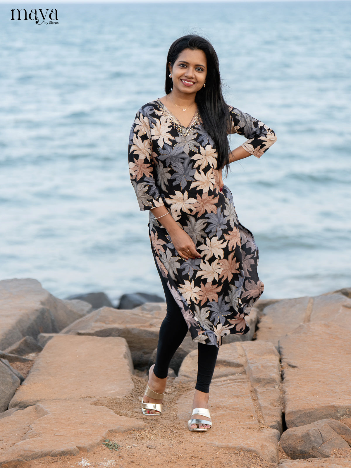 Black Floral Printed Rayon Kurti