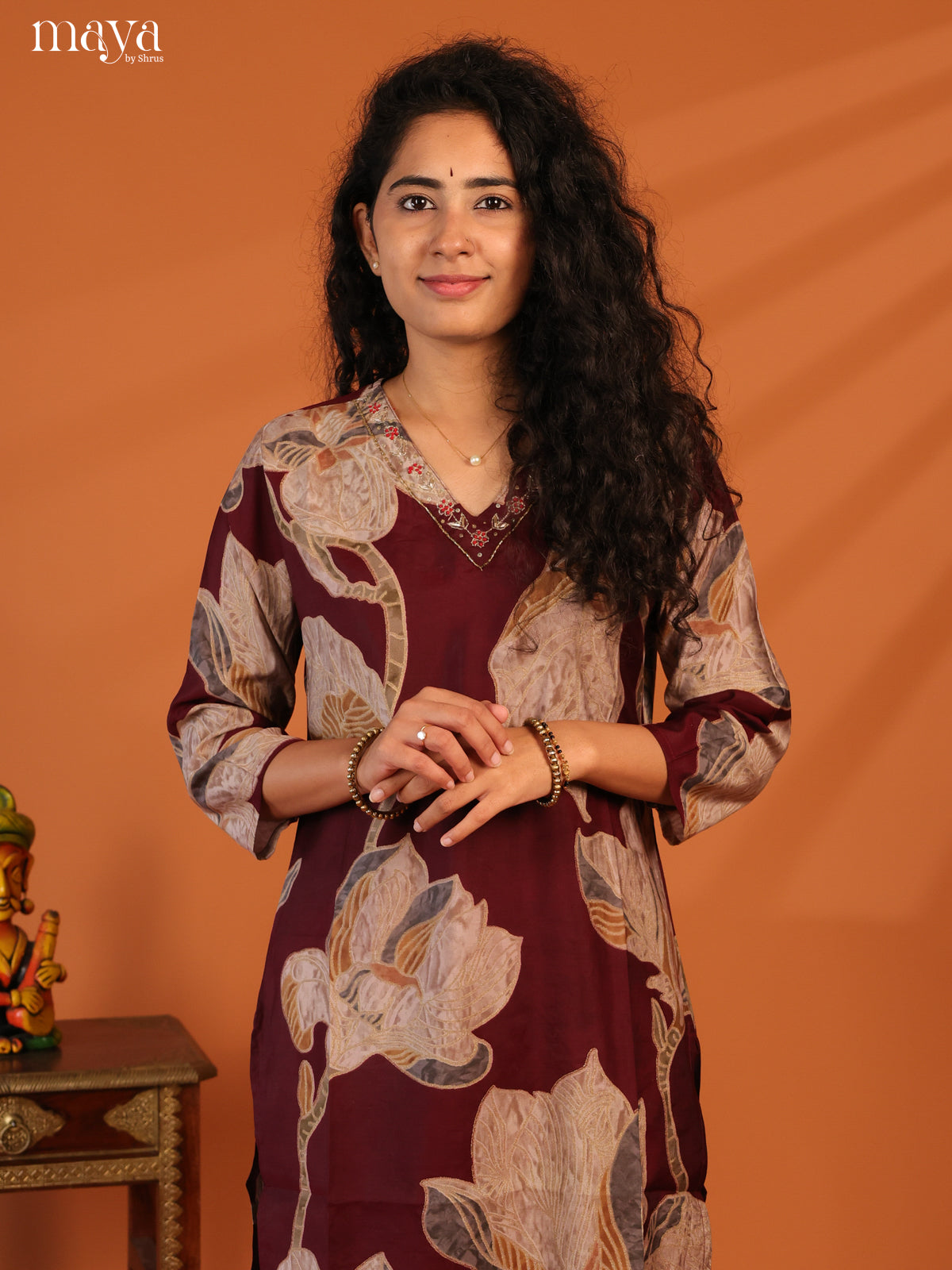 Maroon Floral Printed Cotton Kurti