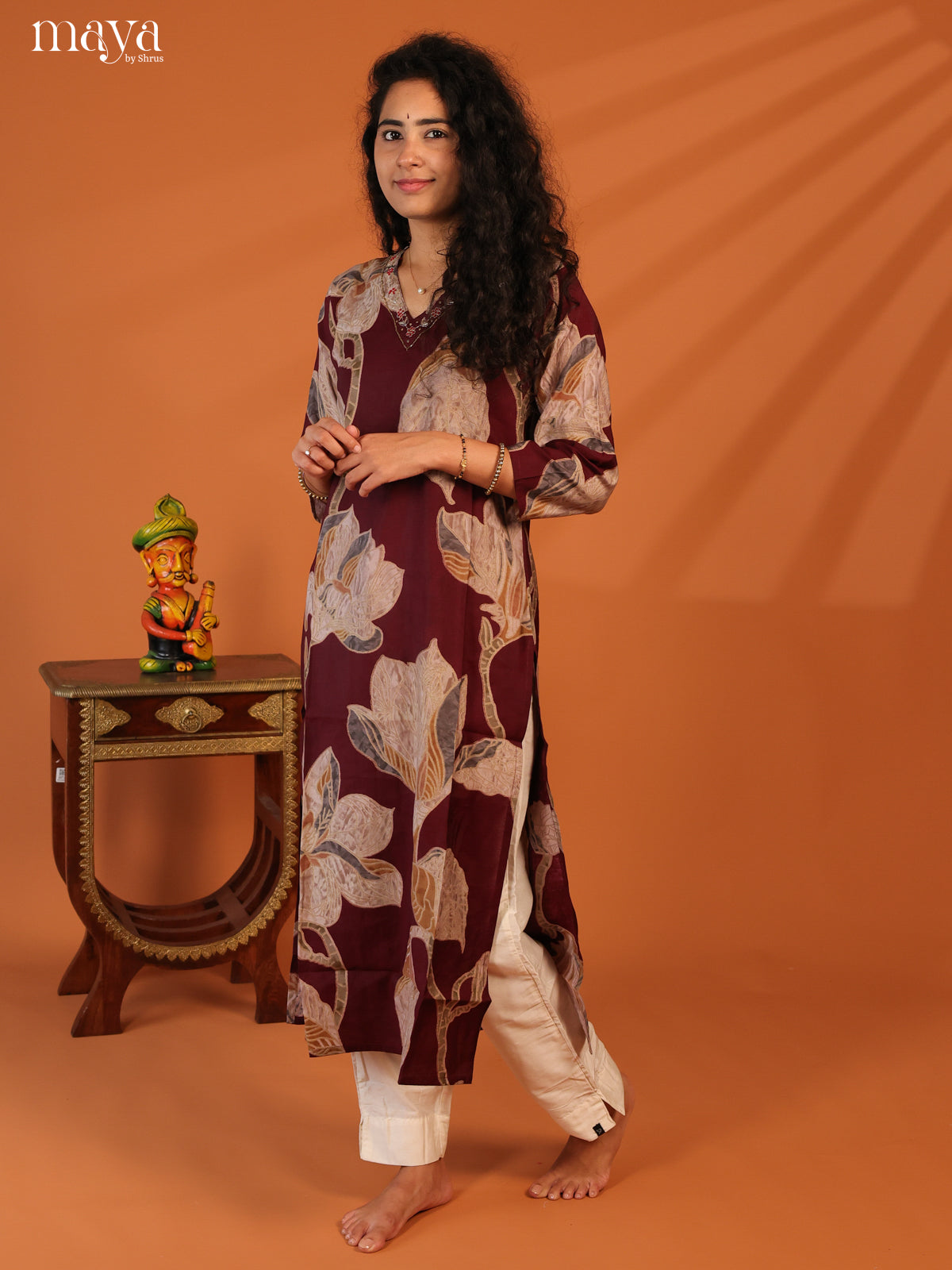 Maroon Floral Printed Cotton Kurti