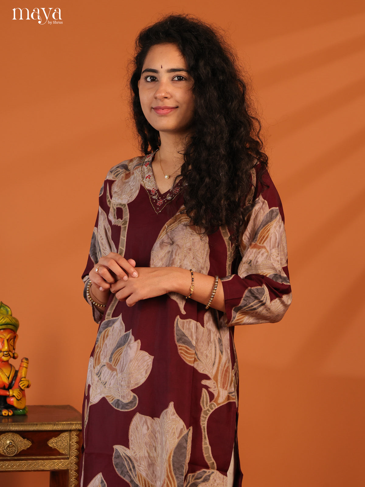 Maroon Floral Printed Cotton Kurti