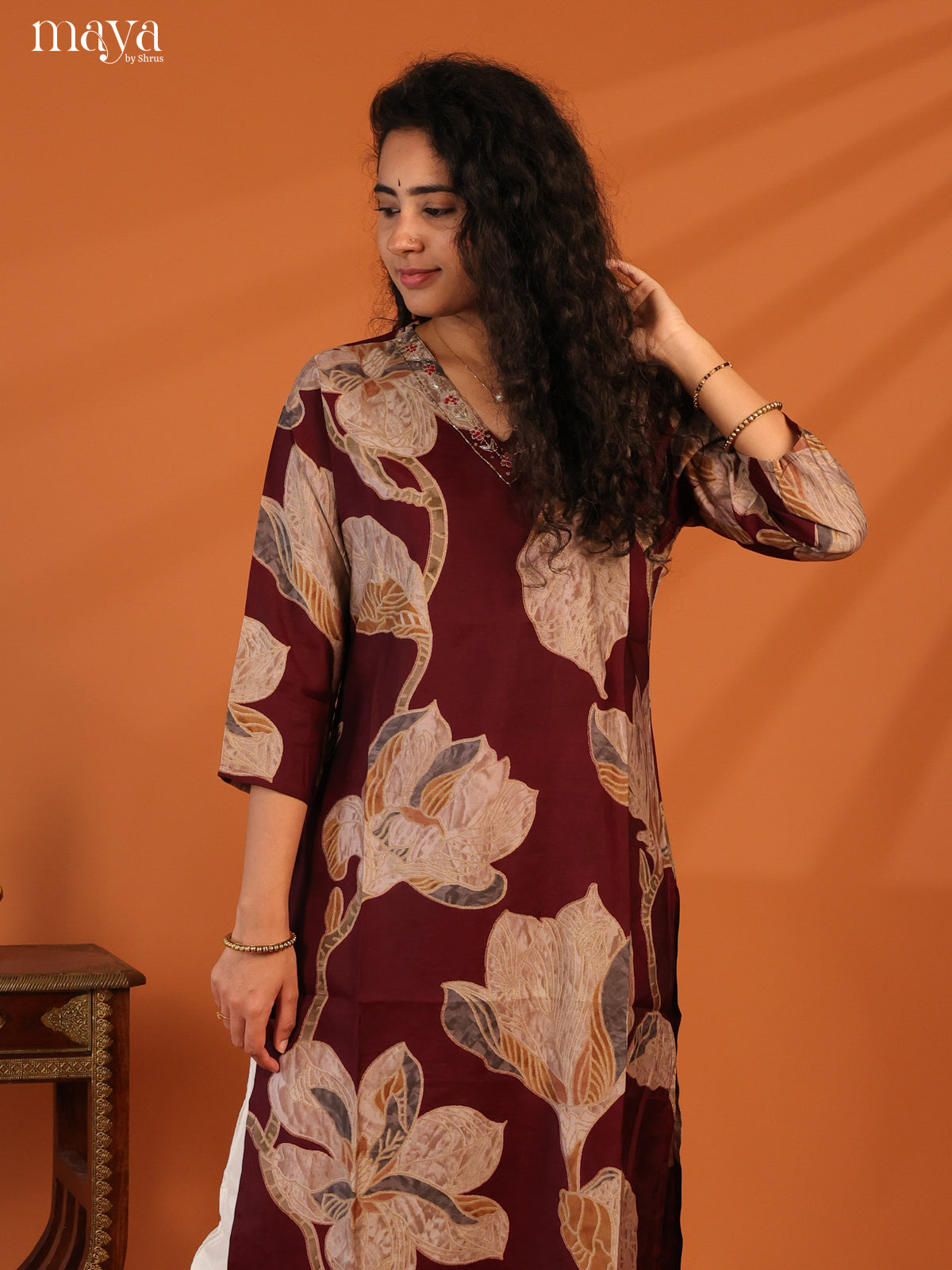 Maroon Floral Printed Cotton Kurti