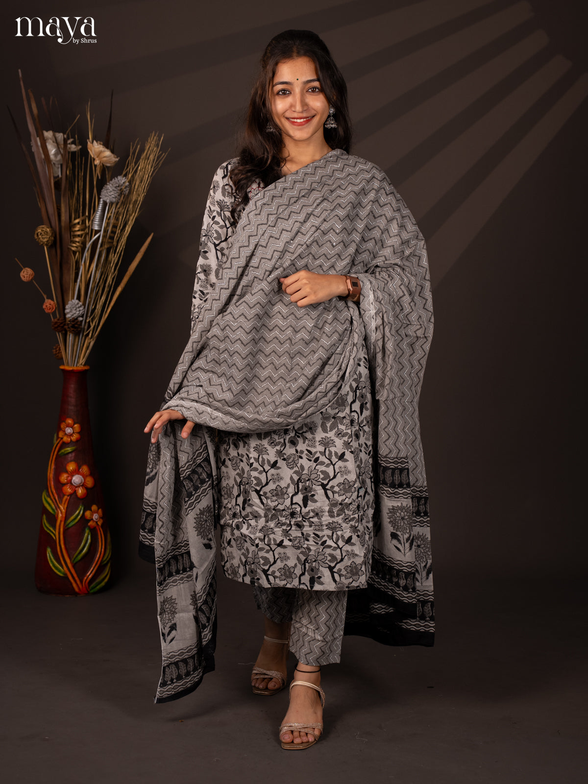 Grey Cotton 3Pc Salwar Suit with Floral Print - Top, Bottom & Dupatta