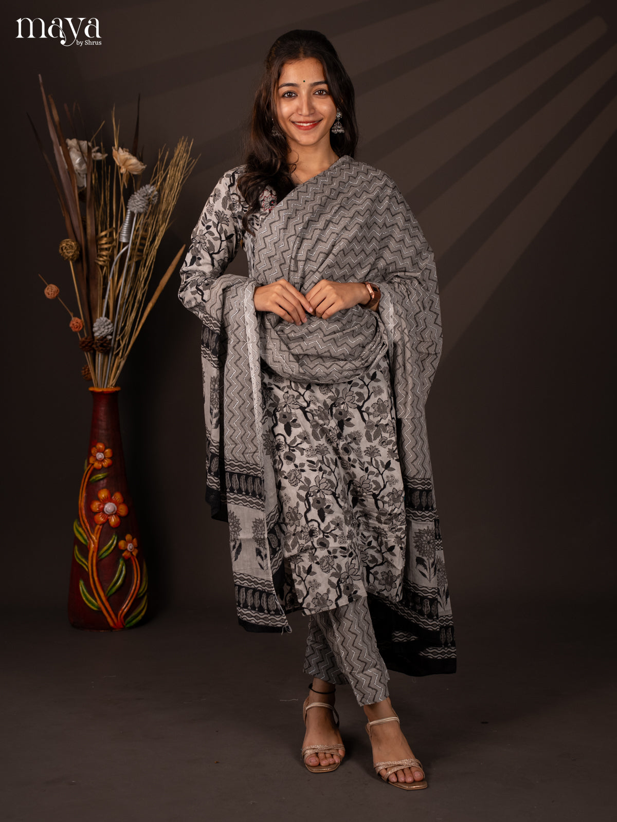 Grey Cotton 3Pc Salwar Suit with Floral Print - Top, Bottom & Dupatta