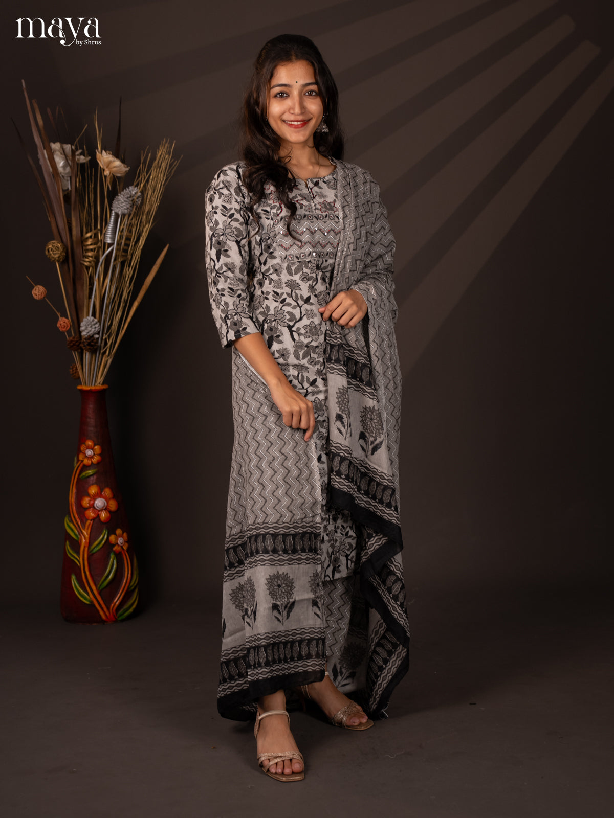 Grey Cotton 3Pc Salwar Suit with Floral Print - Top, Bottom & Dupatta