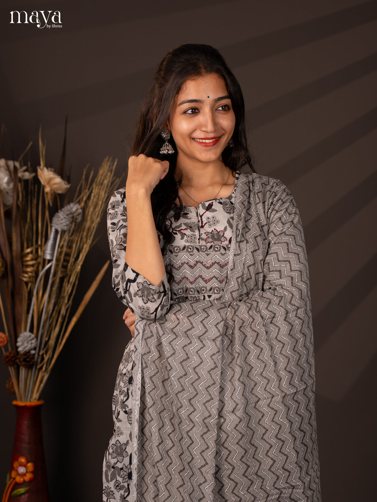 Grey Cotton 3Pc Salwar Suit with Floral Print - Top, Bottom & Dupatta