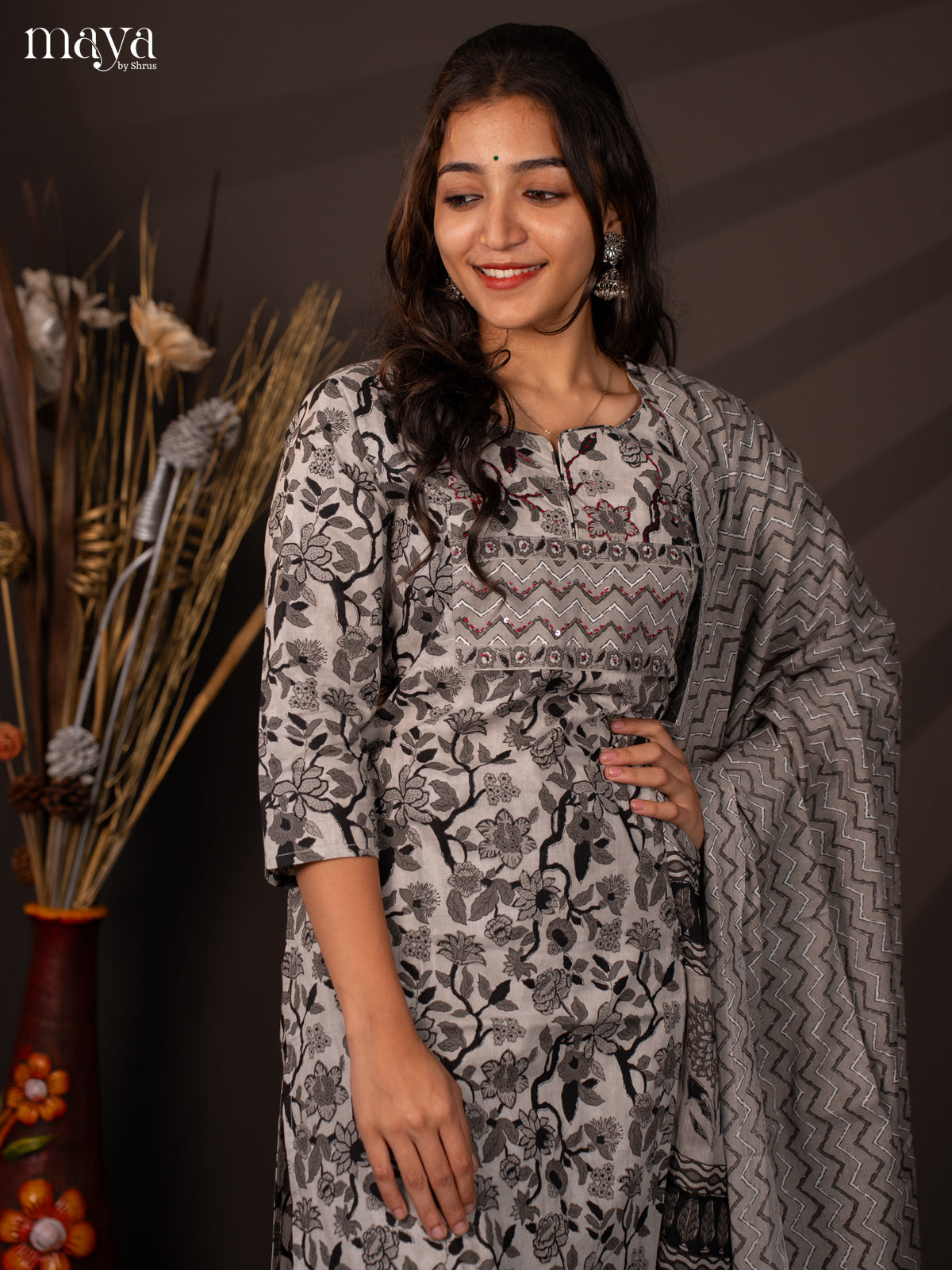 Grey Cotton 3Pc Salwar Suit with Floral Print - Top, Bottom & Dupatta