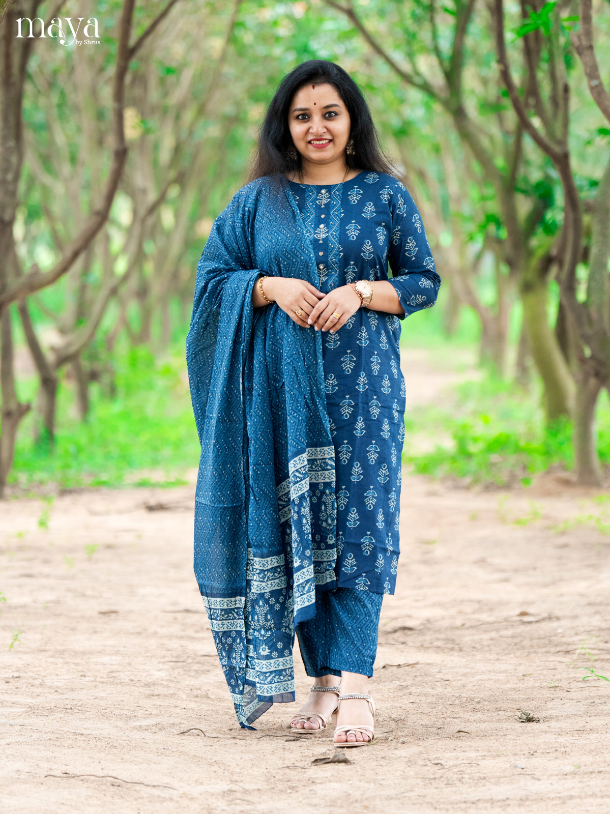 Blue Cotton 3Pc Salwar Suit Floral Print - Top, Bottom & Dupatta