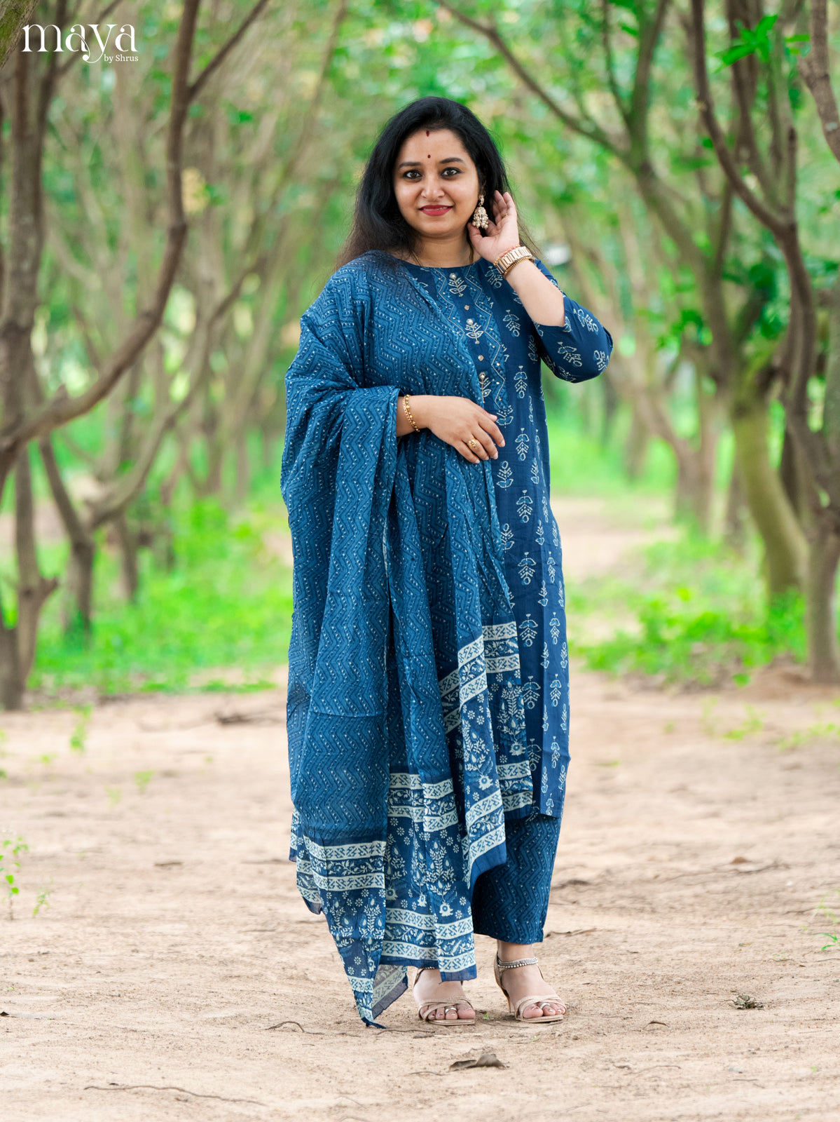 Blue Cotton 3Pc Salwar Suit Floral Print - Top, Bottom & Dupatta