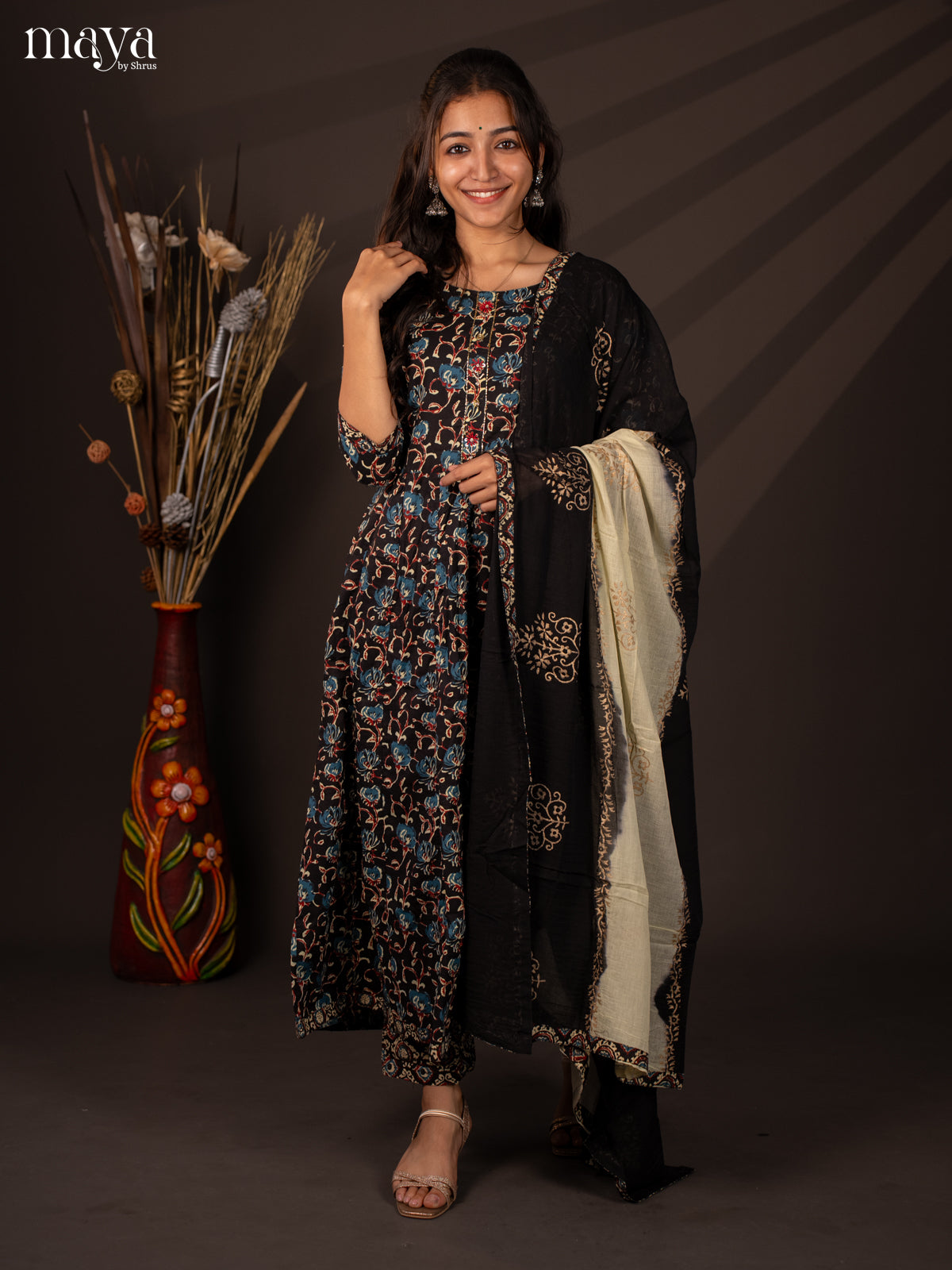 Black Cotton 3Pc Salwar Suit with Floral Print - Top, Bottom & Dupatta