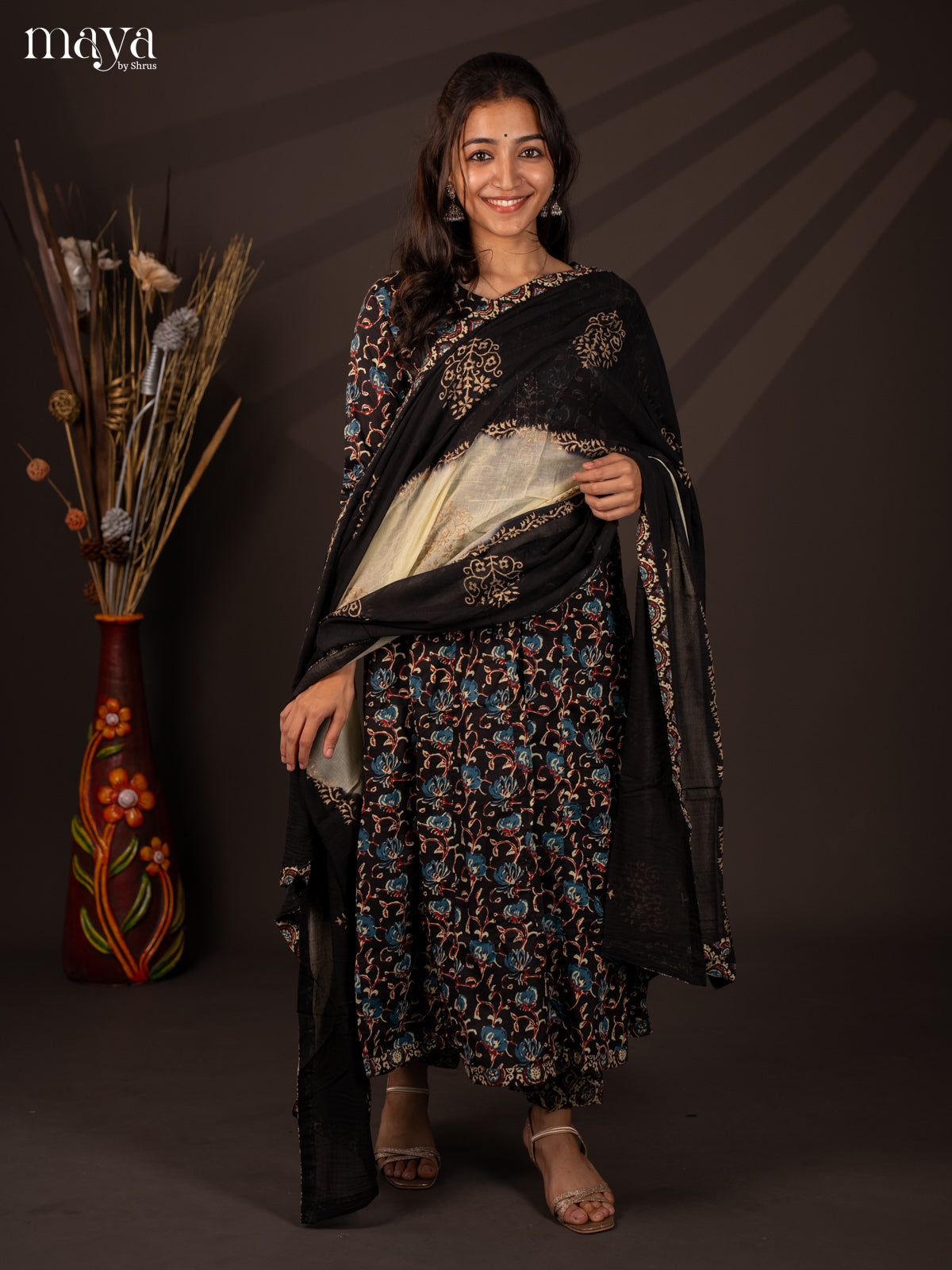 Black Cotton 3Pc Salwar Suit with Floral Print - Top, Bottom & Dupatta