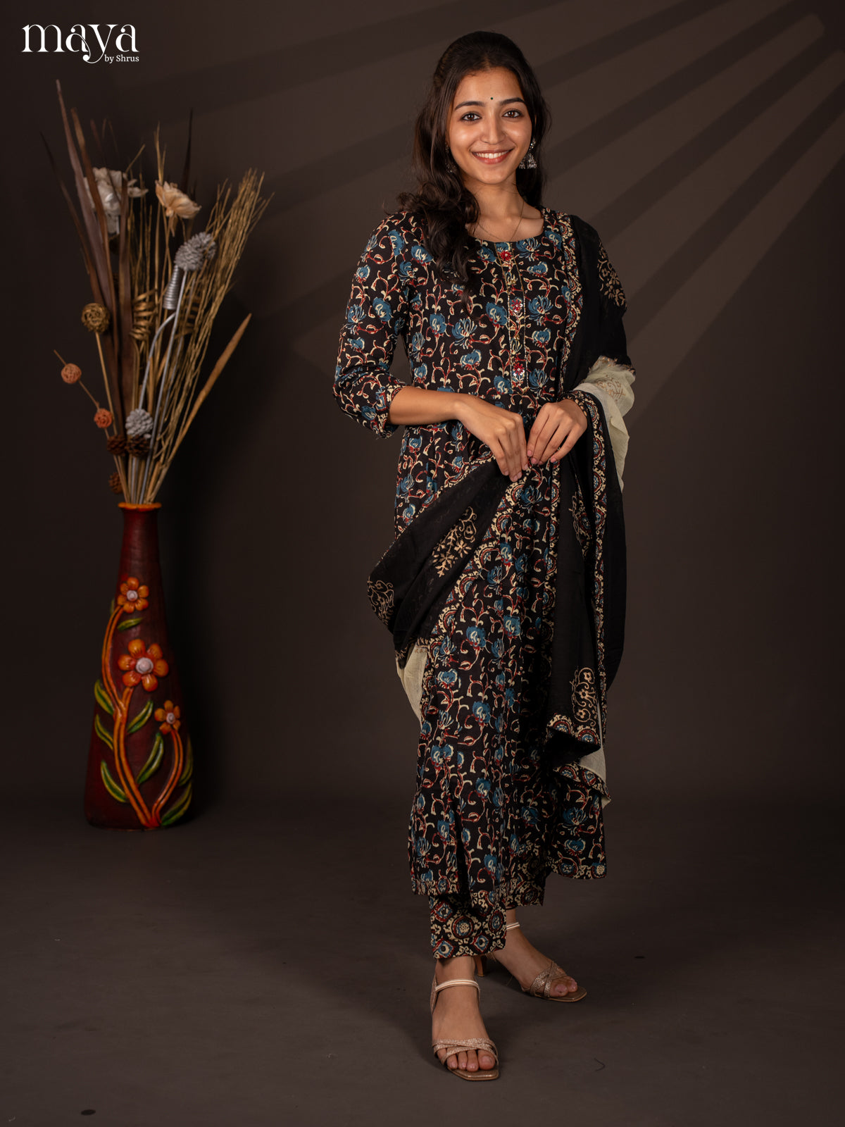Black Cotton 3Pc Salwar Suit with Floral Print - Top, Bottom & Dupatta
