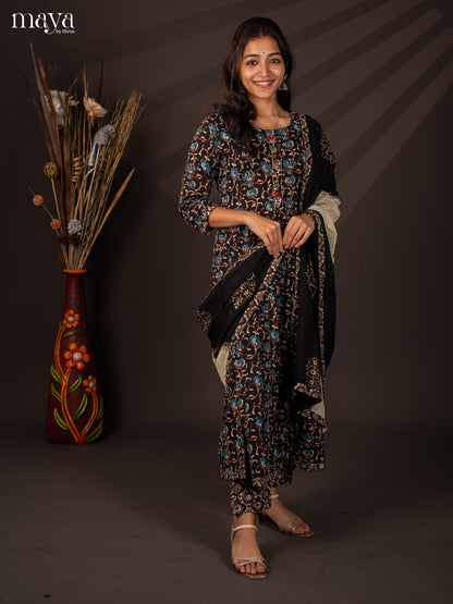 Black Cotton 3Pc Salwar Suit with Floral Print - Top, Bottom & Dupatta