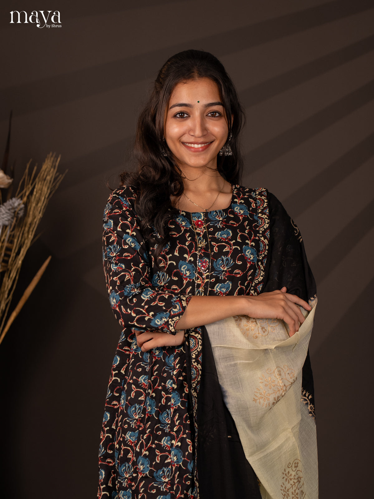Black Cotton 3Pc Salwar Suit with Floral Print - Top, Bottom & Dupatta