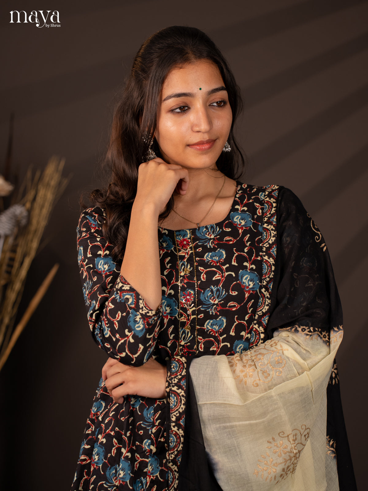 Black Cotton 3Pc Salwar Suit with Floral Print - Top, Bottom & Dupatta