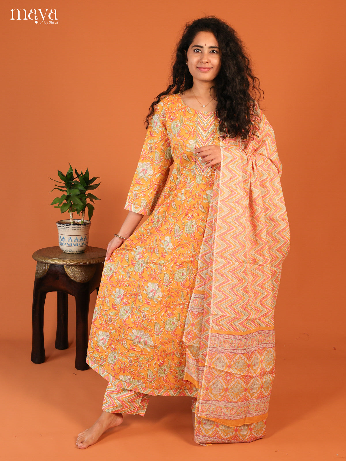 Yellow Cotton 3Pc Salwar Suit with Floral Print - Top, Bottom & Dupatta