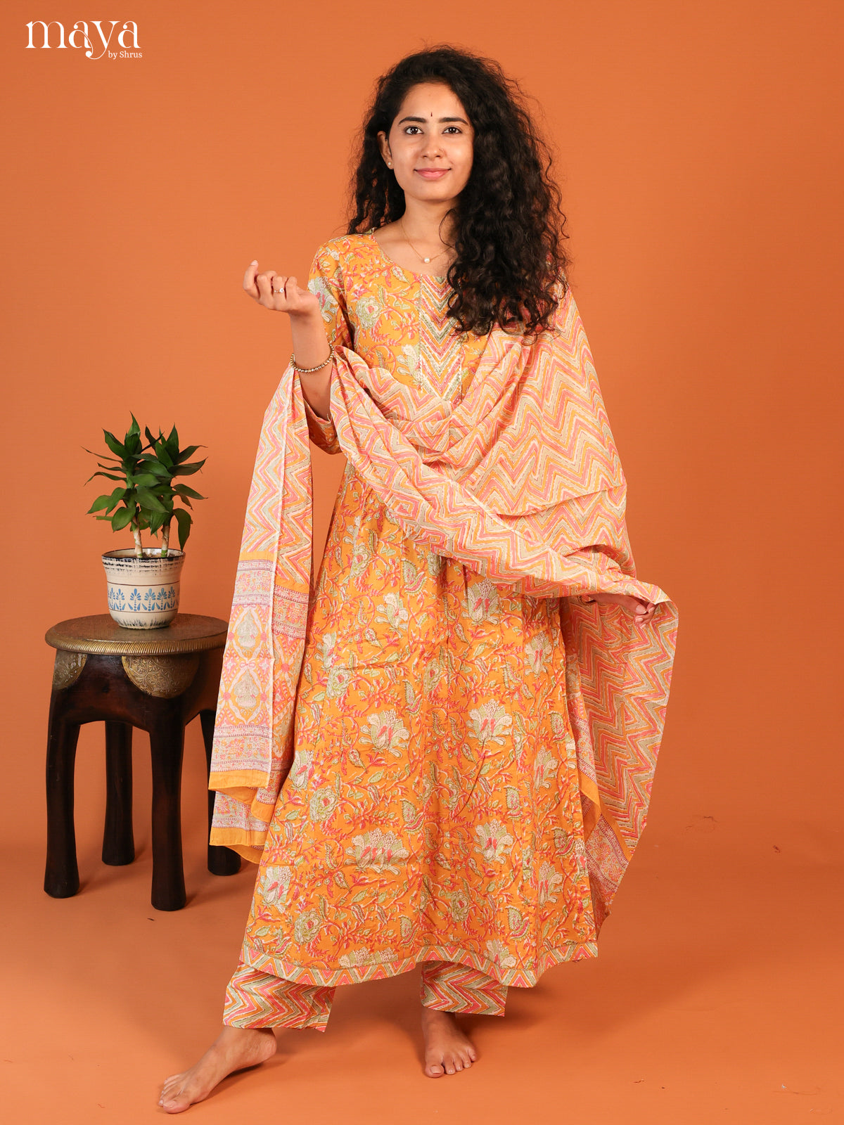 Yellow Cotton 3Pc Salwar Suit with Floral Print - Top, Bottom & Dupatta