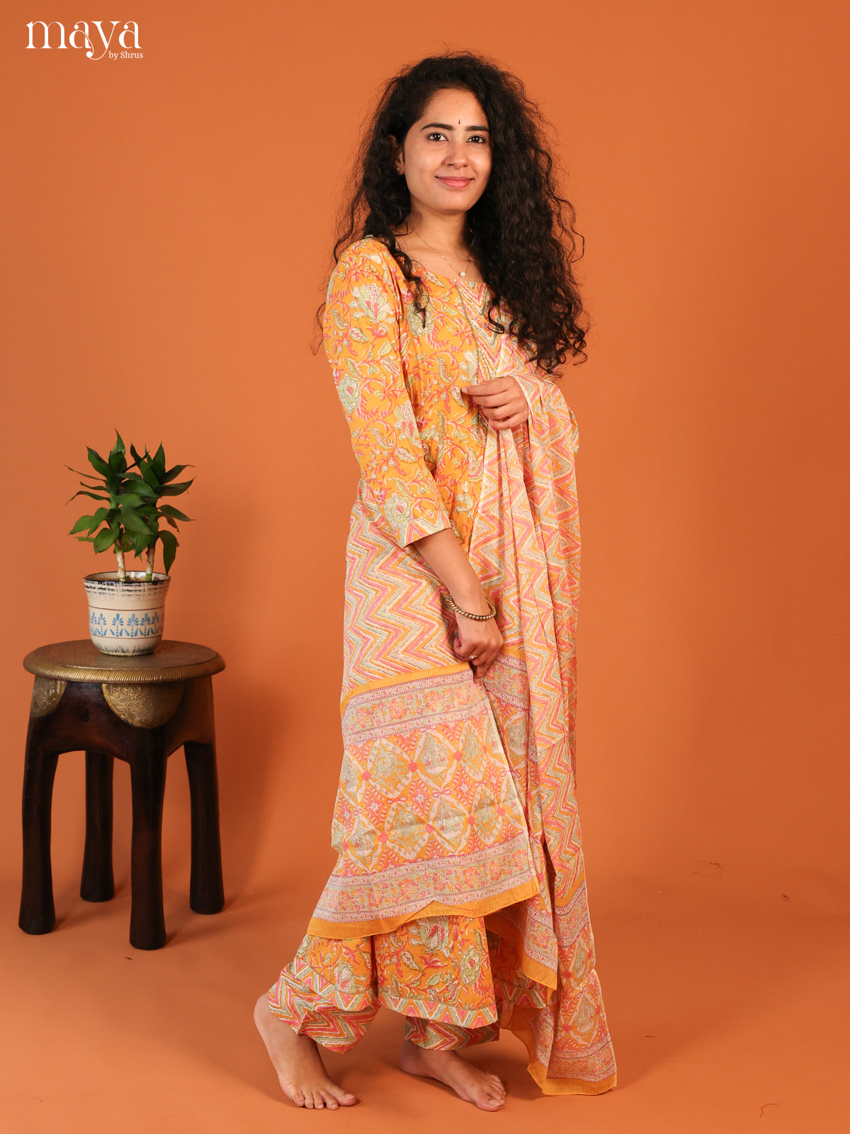 Yellow Cotton 3Pc Salwar Suit with Floral Print - Top, Bottom & Dupatta