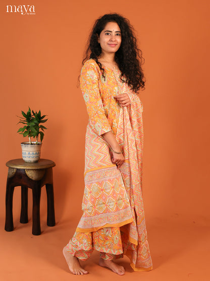 Yellow Cotton 3Pc Salwar Suit with Floral Print - Top, Bottom & Dupatta