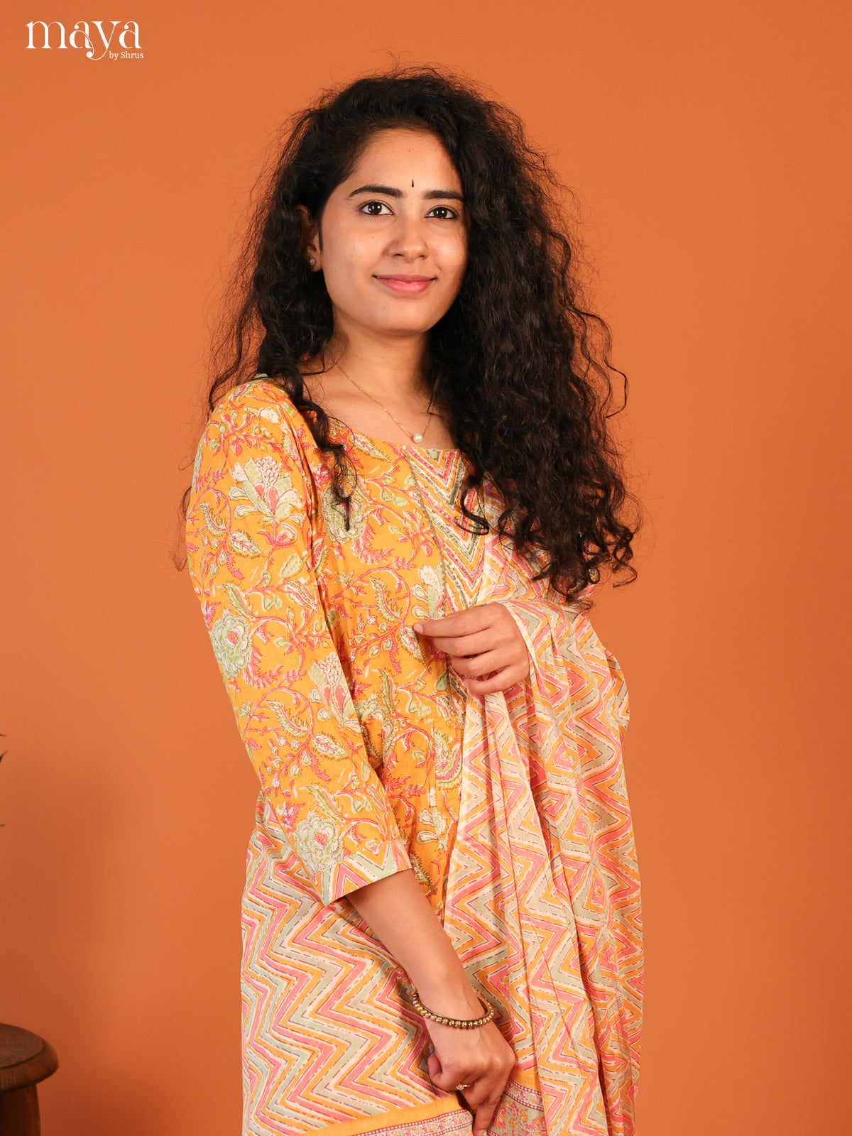 Yellow Cotton 3Pc Salwar Suit with Floral Print - Top, Bottom & Dupatta