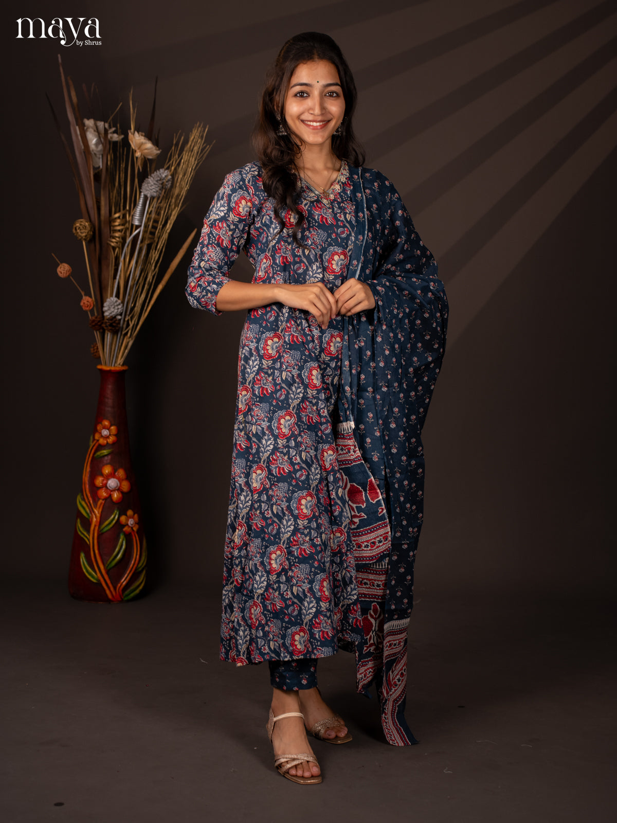 Blue Cotton 3Pc Salwar Suit with Floral Print - Top, Bottom & Dupatta