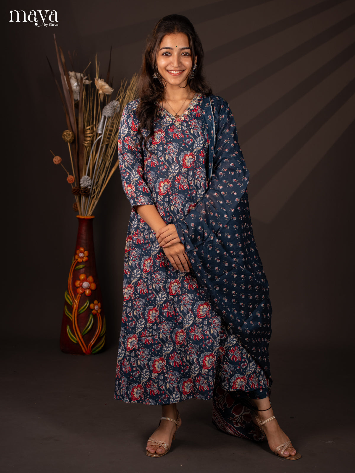 Blue Cotton 3Pc Salwar Suit with Floral Print - Top, Bottom & Dupatta