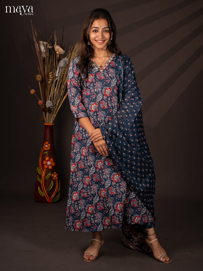 Blue Cotton 3Pc Salwar Suit with Floral Print - Top, Bottom & Dupatta