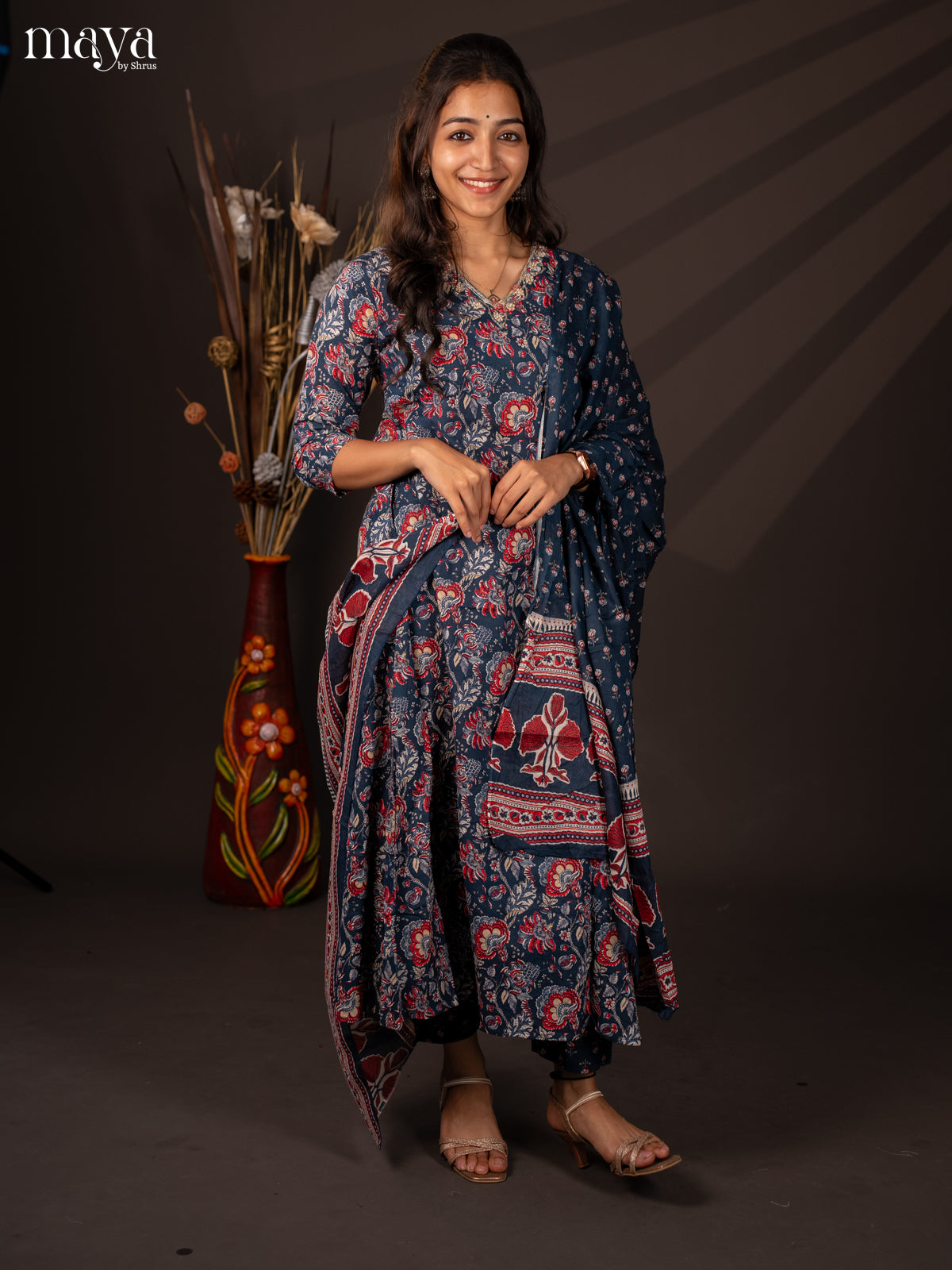 Blue Cotton 3Pc Salwar Suit with Floral Print - Top, Bottom & Dupatta
