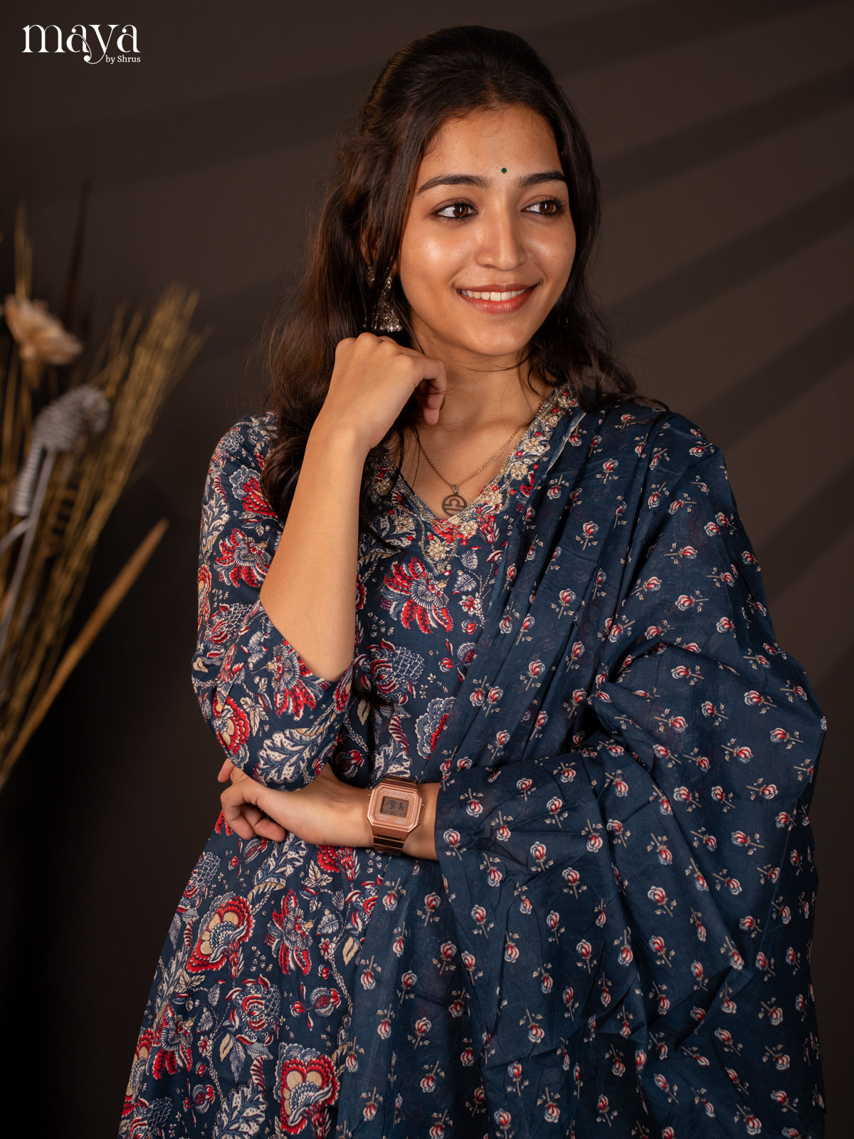 Blue Cotton 3Pc Salwar Suit with Floral Print - Top, Bottom & Dupatta