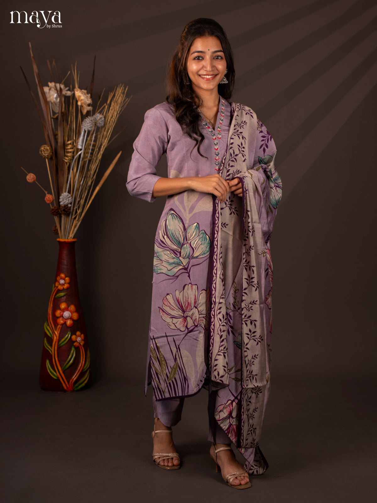 Lavender Rayon 3Pc Salwar Suit with Floral Print - Top, Bottom & Dupatta