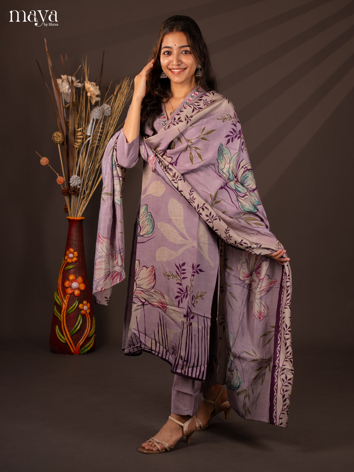 Lavender Rayon 3Pc Salwar Suit with Floral Print - Top, Bottom & Dupatta