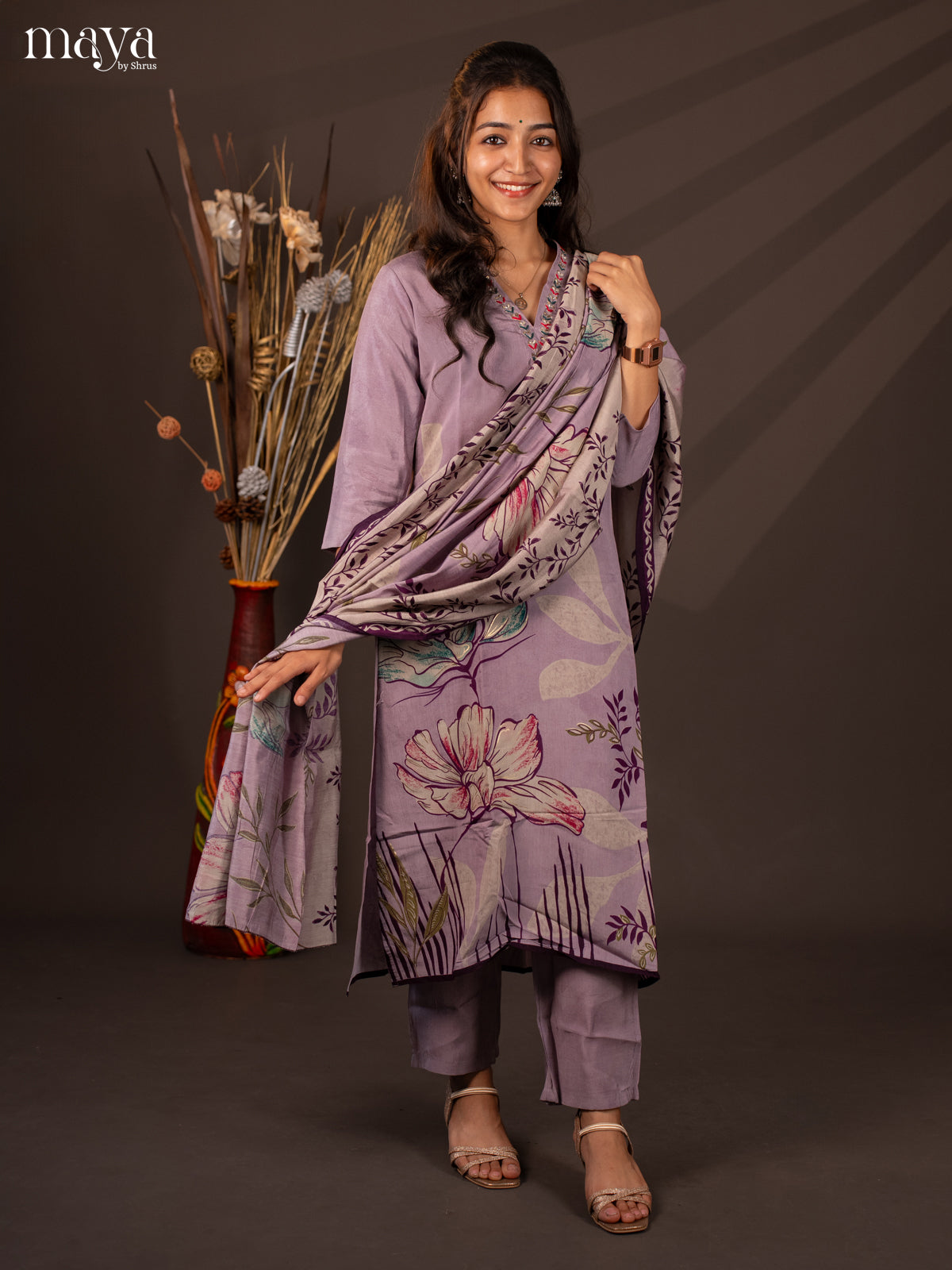 Lavender Rayon 3Pc Salwar Suit with Floral Print - Top, Bottom & Dupatta