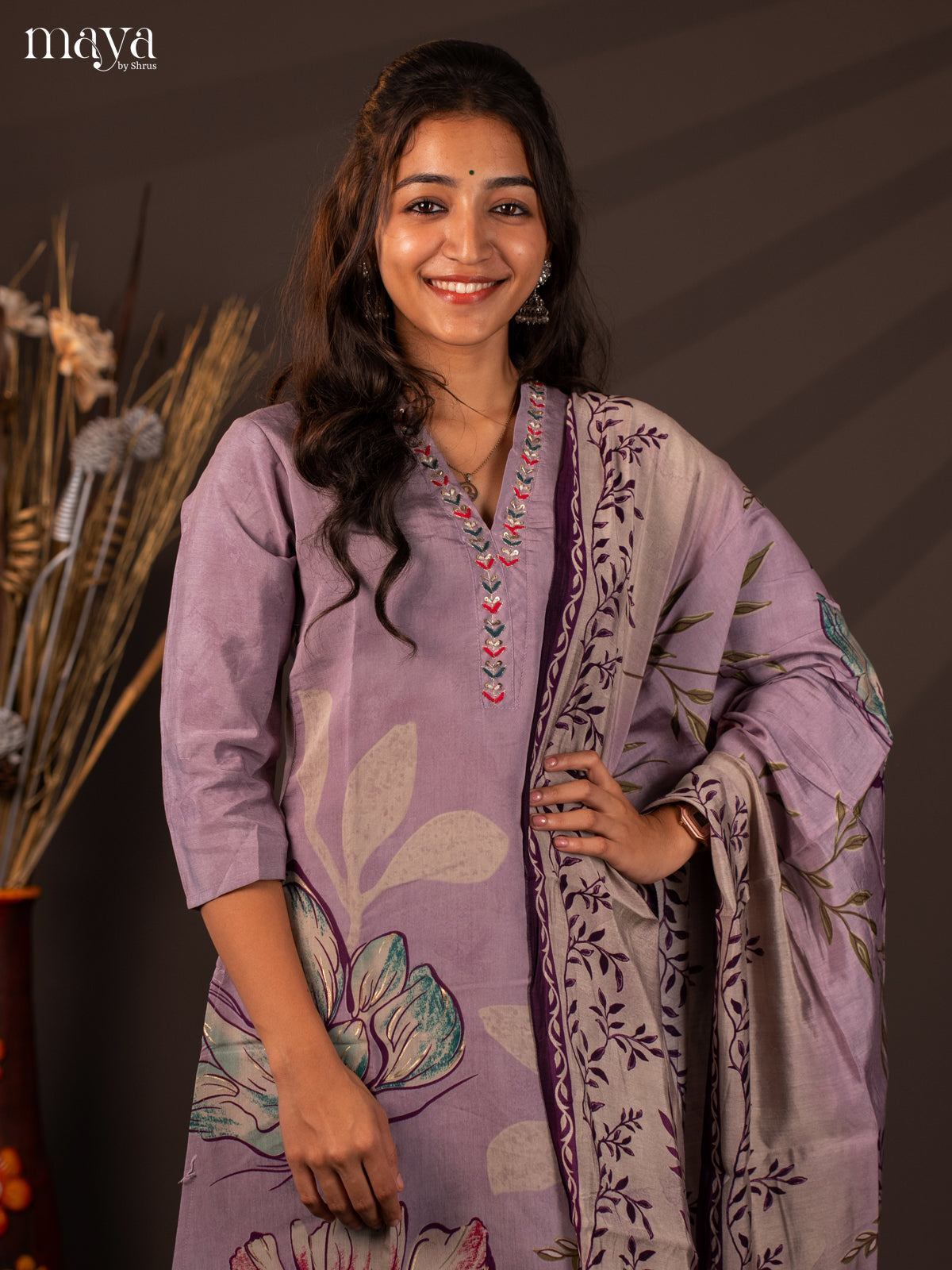 Lavender Rayon 3Pc Salwar Suit with Floral Print - Top, Bottom & Dupatta