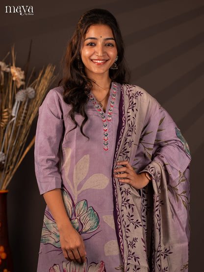 Lavender Rayon 3Pc Salwar Suit with Floral Print - Top, Bottom & Dupatta
