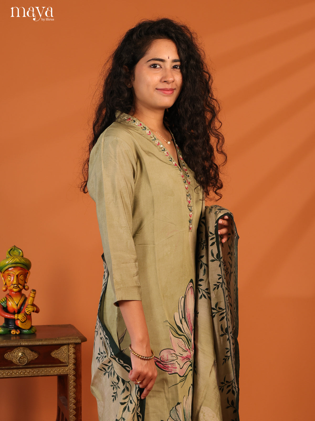 Green Rayon 3Pc Salwar Suit with Floral Print - Top, Bottom & Dupatta