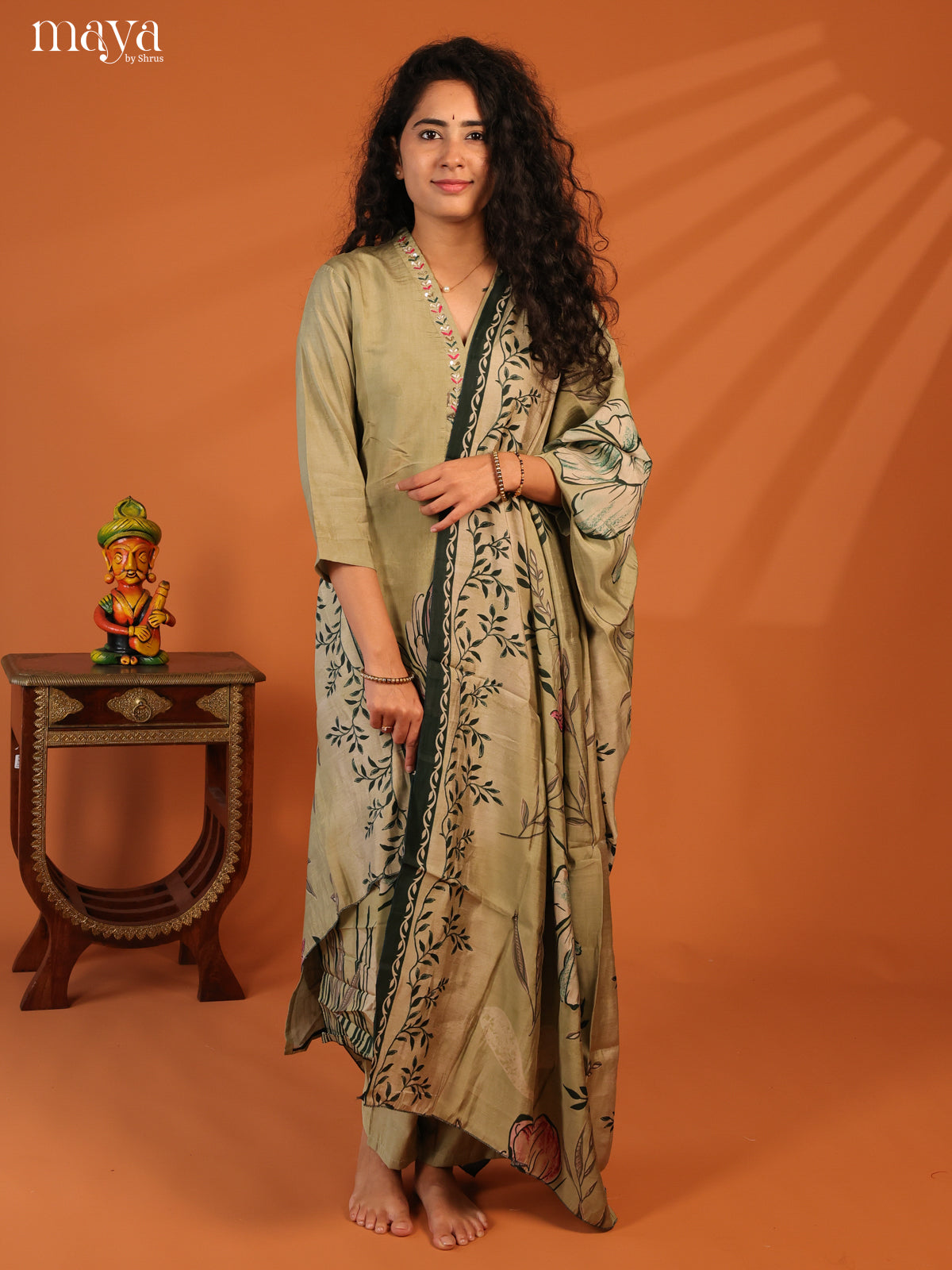 Green Rayon 3Pc Salwar Suit with Floral Print - Top, Bottom & Dupatta