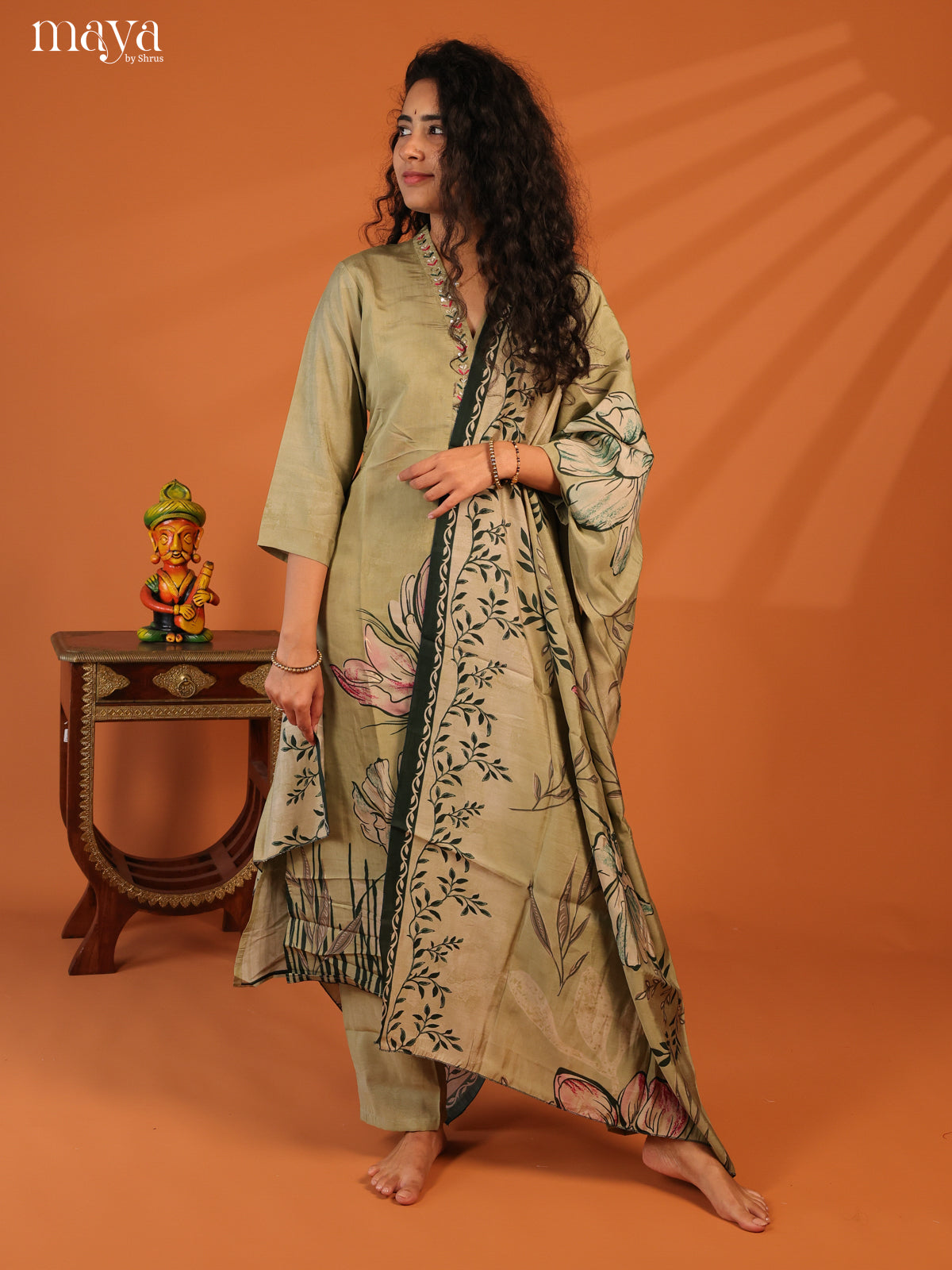 Green Rayon 3Pc Salwar Suit with Floral Print - Top, Bottom & Dupatta