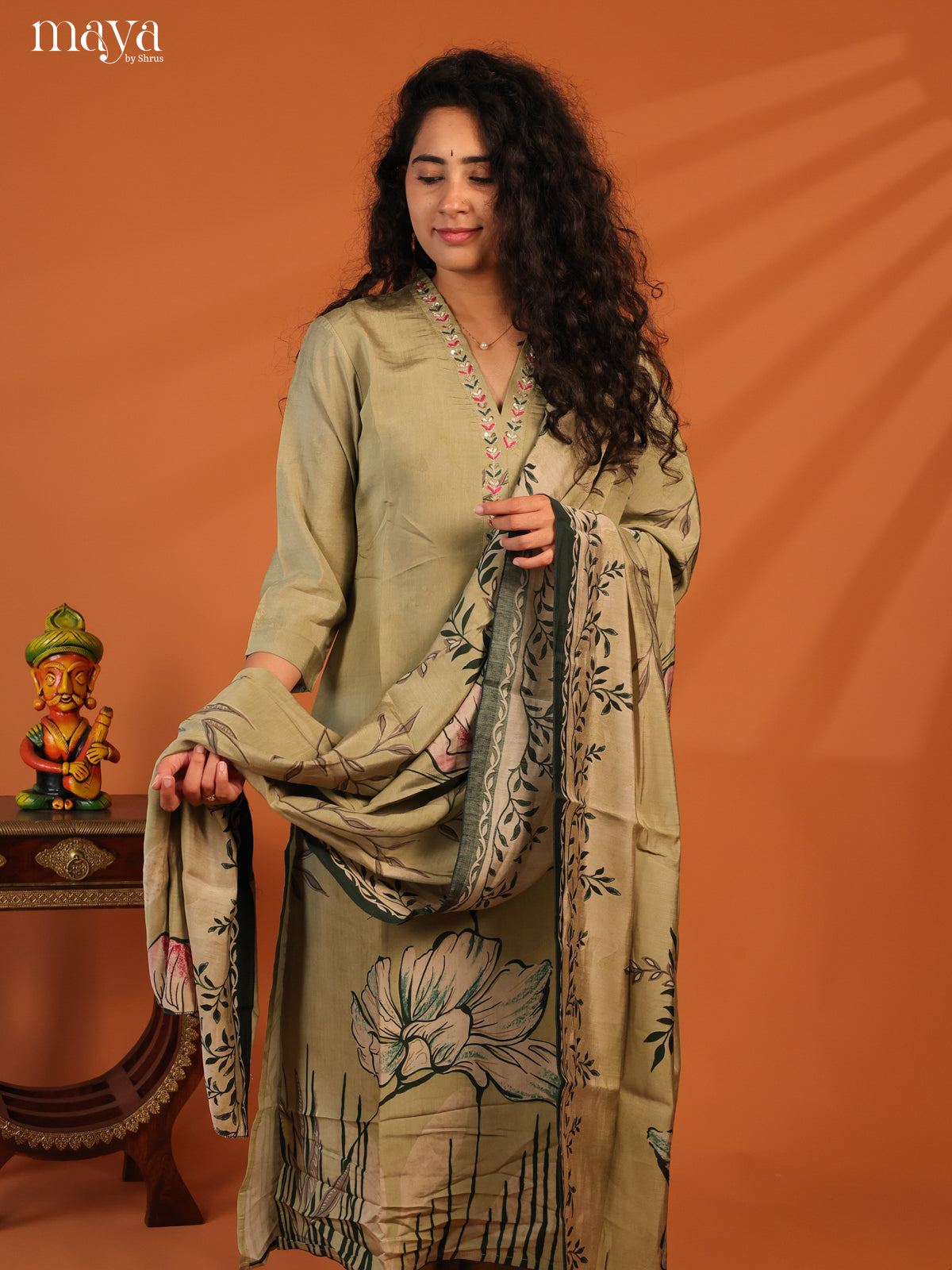 Green Rayon 3Pc Salwar Suit with Floral Print - Top, Bottom & Dupatta
