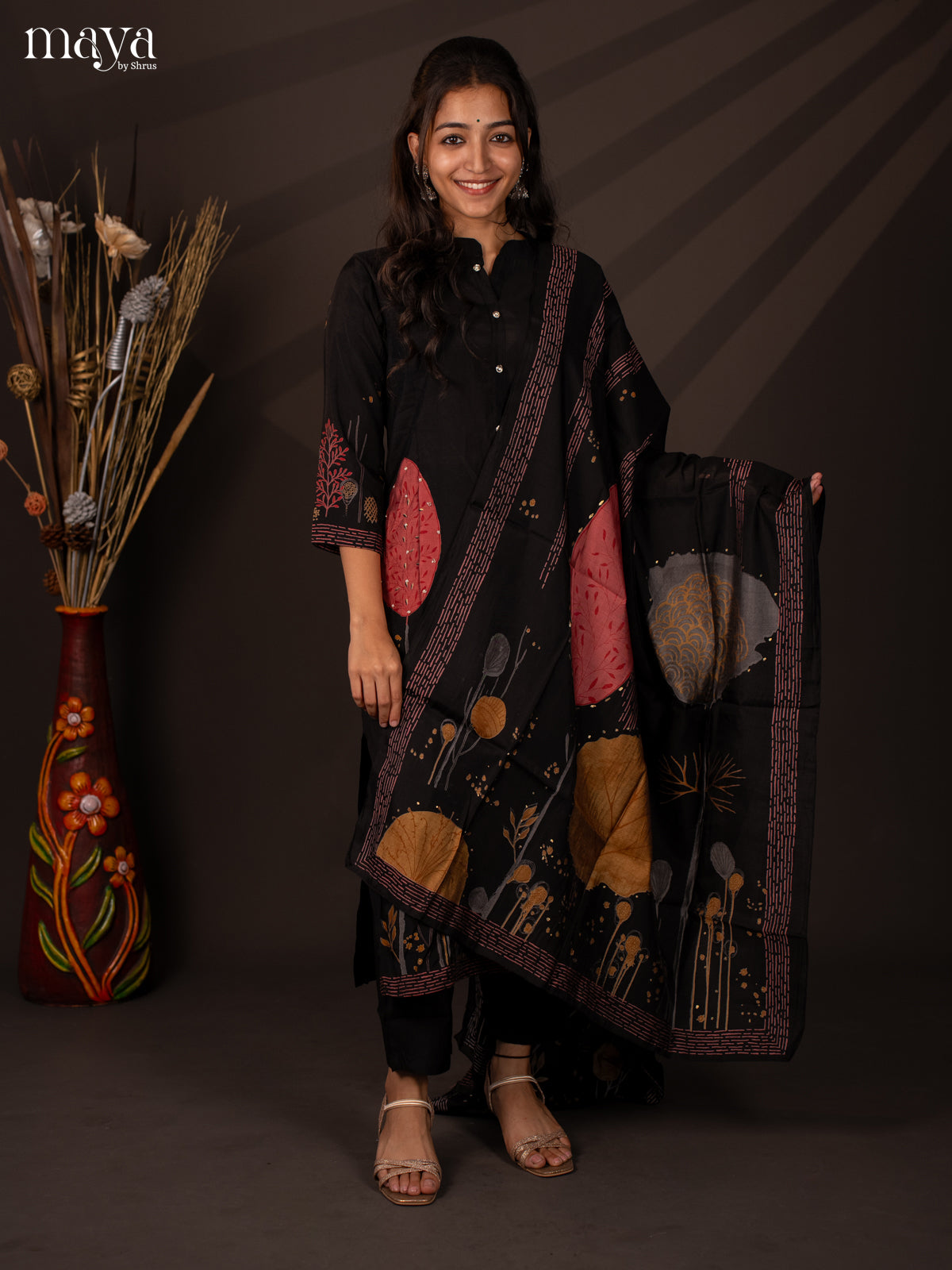 Black Rayon 3Pc Salwar Suit with Floral Print - Top, Bottom & Dupatta