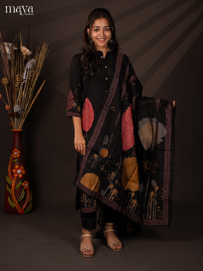 Black Rayon 3Pc Salwar Suit with Floral Print - Top, Bottom & Dupatta