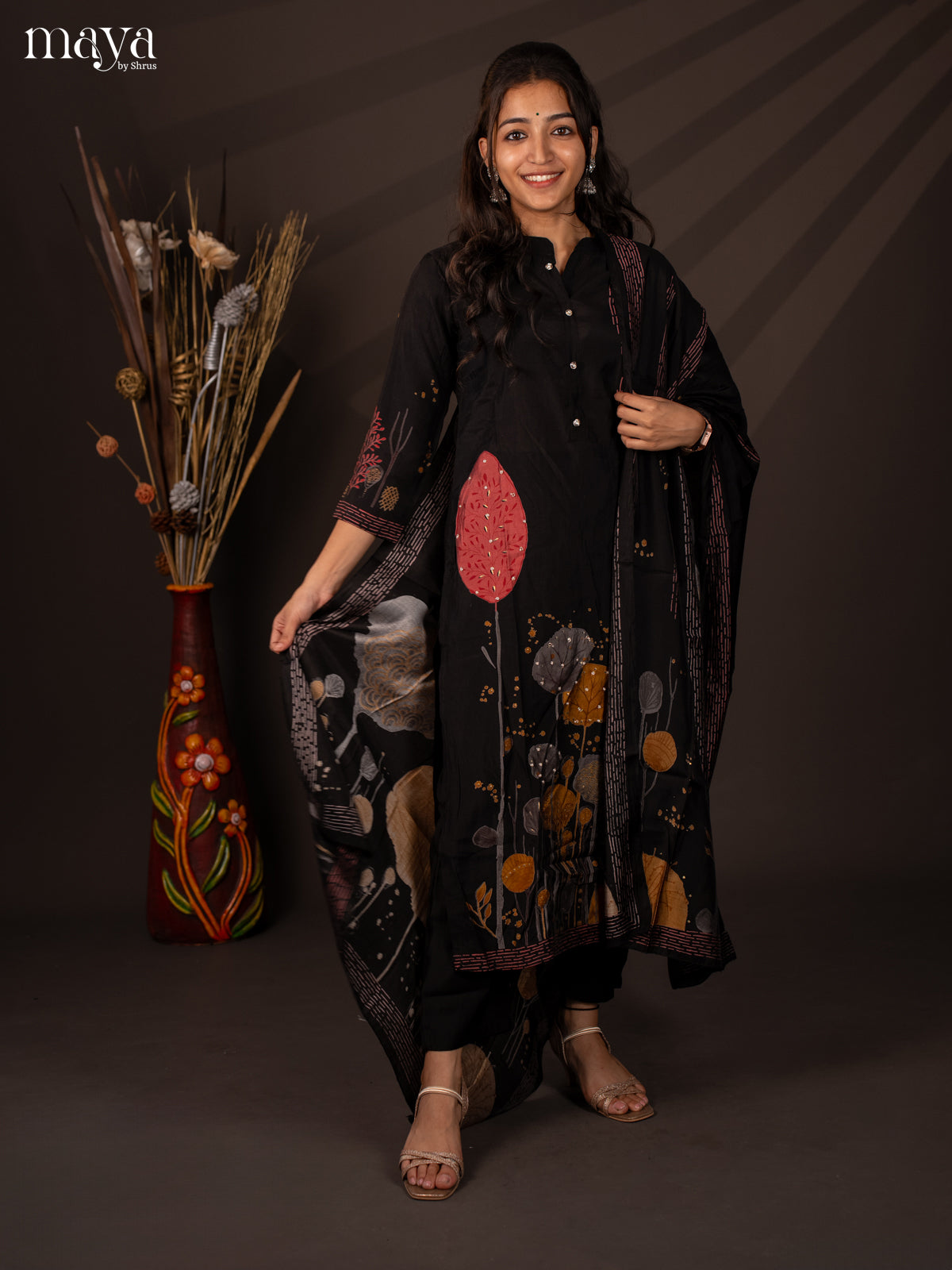Black Rayon 3Pc Salwar Suit with Floral Print - Top, Bottom & Dupatta