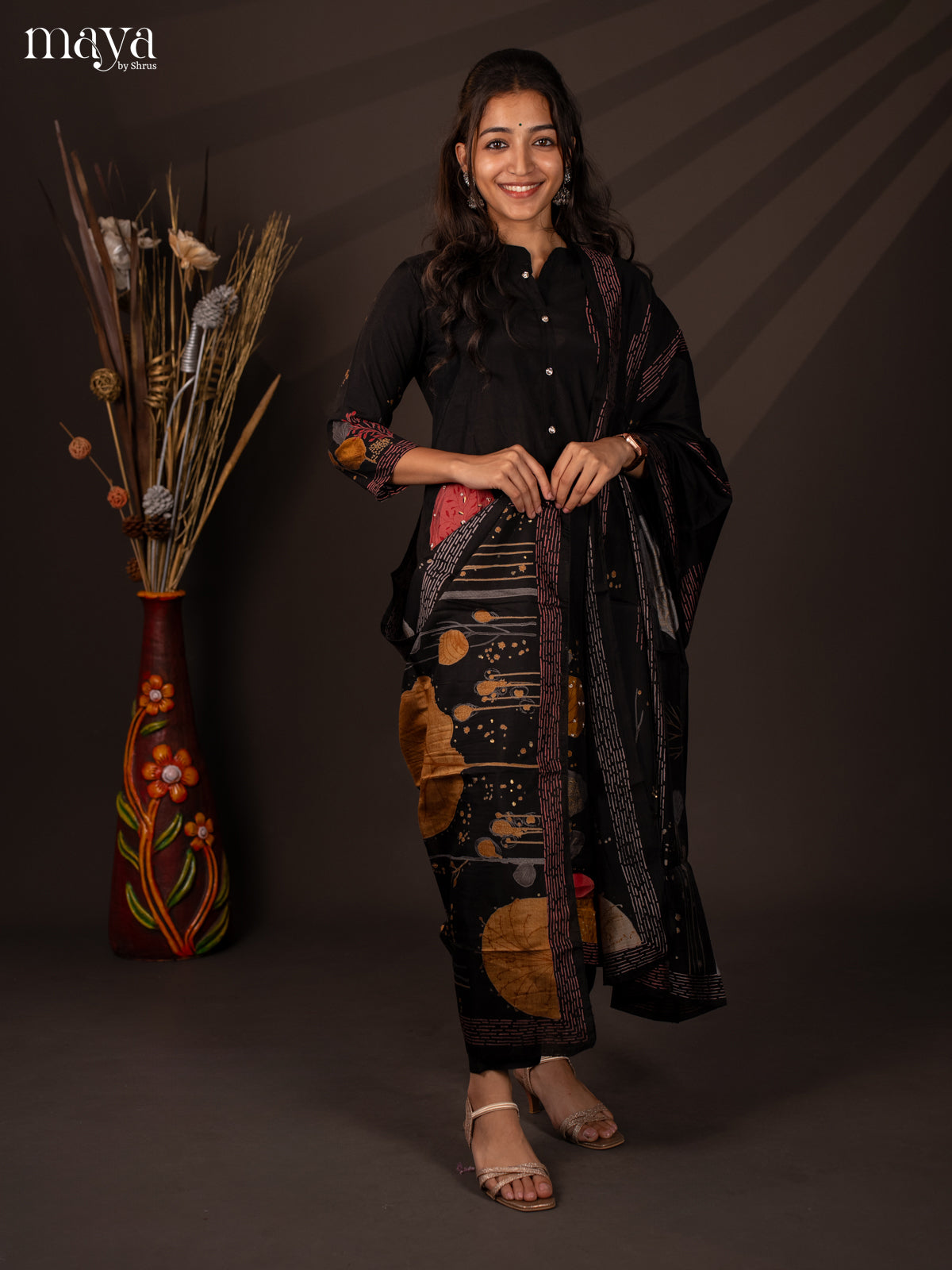 Black Rayon 3Pc Salwar Suit with Floral Print - Top, Bottom & Dupatta