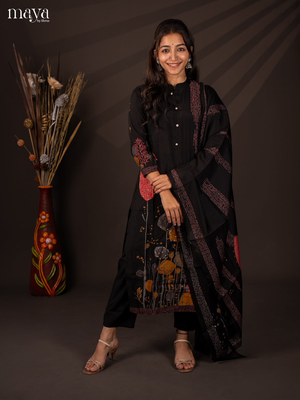 Black Rayon 3Pc Salwar Suit with Floral Print - Top, Bottom & Dupatta