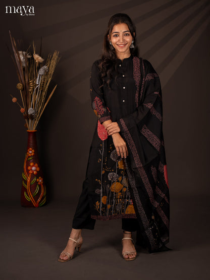 Black Rayon 3Pc Salwar Suit with Floral Print - Top, Bottom & Dupatta