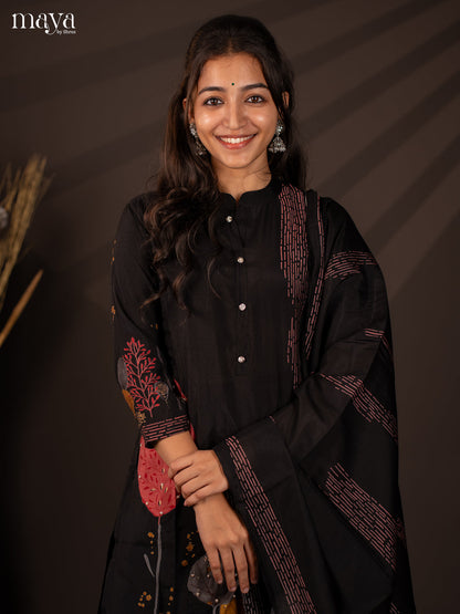 Black Rayon 3Pc Salwar Suit with Floral Print - Top, Bottom & Dupatta