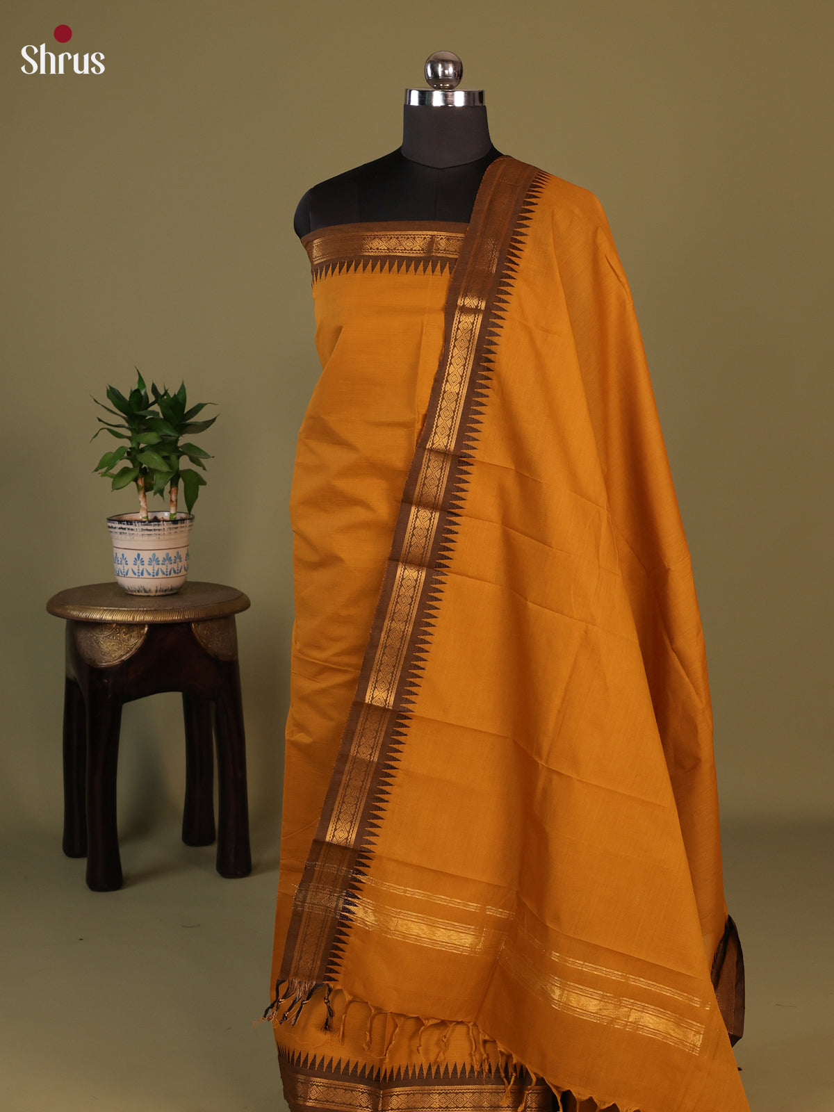 Mustard & Brown Chettinad Cotton Unstitched Top & Dupatta- MCL25001