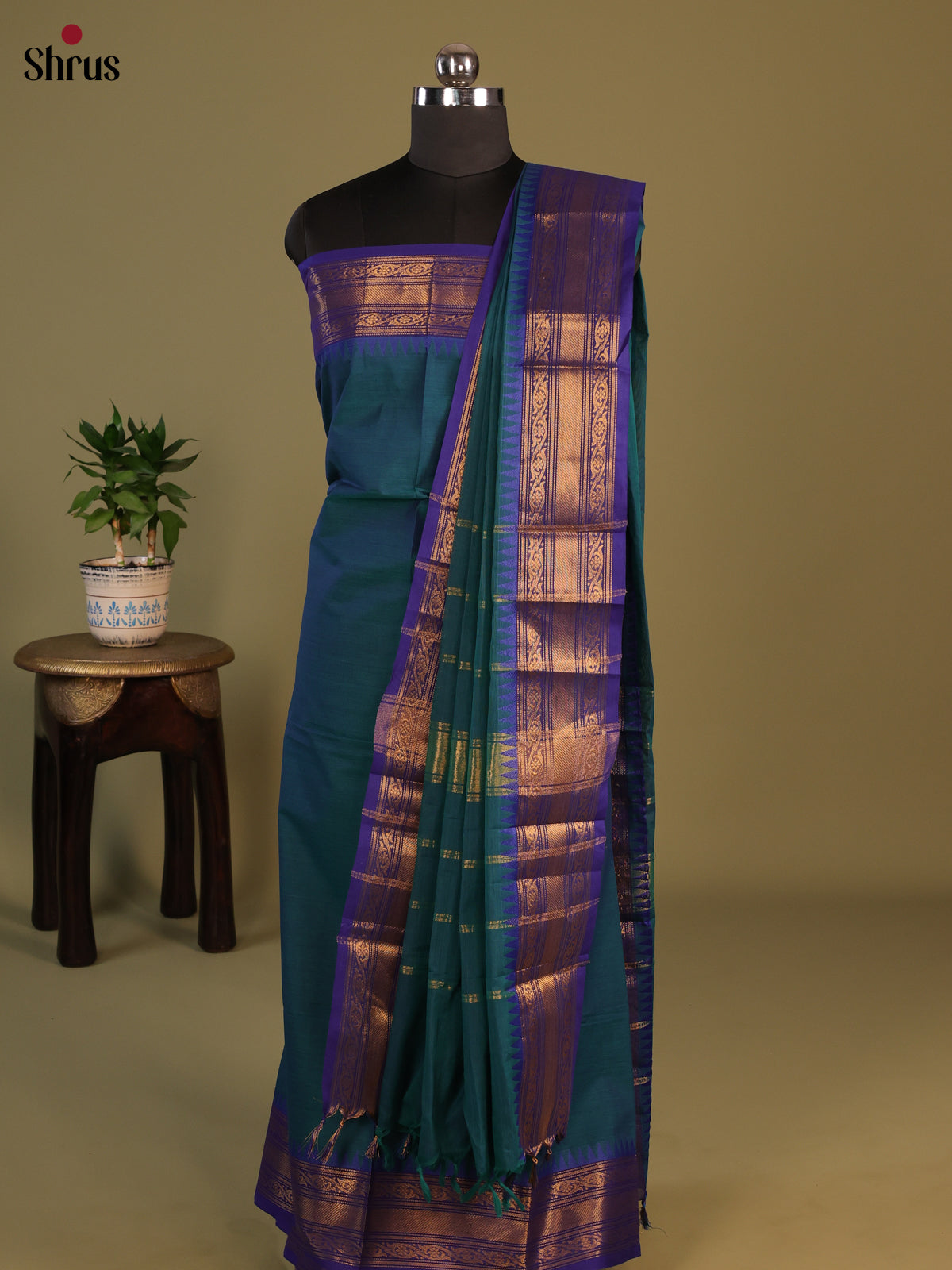 Green with Blue Chettinad Cotton Unstitched Suit Set