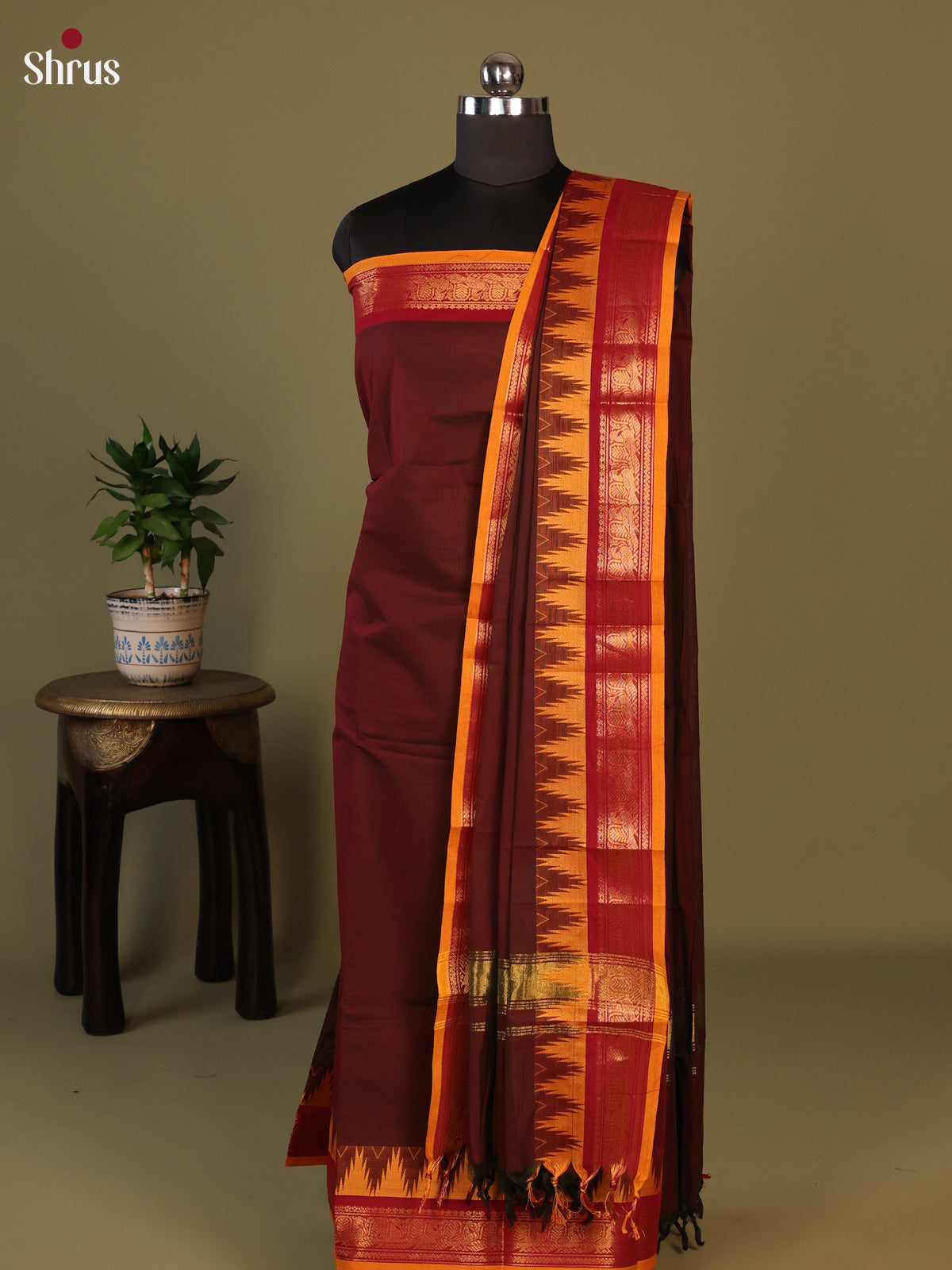 Brown & Mustard Chettinad Cotton Unstitched Top & Dupatta- MCL25003