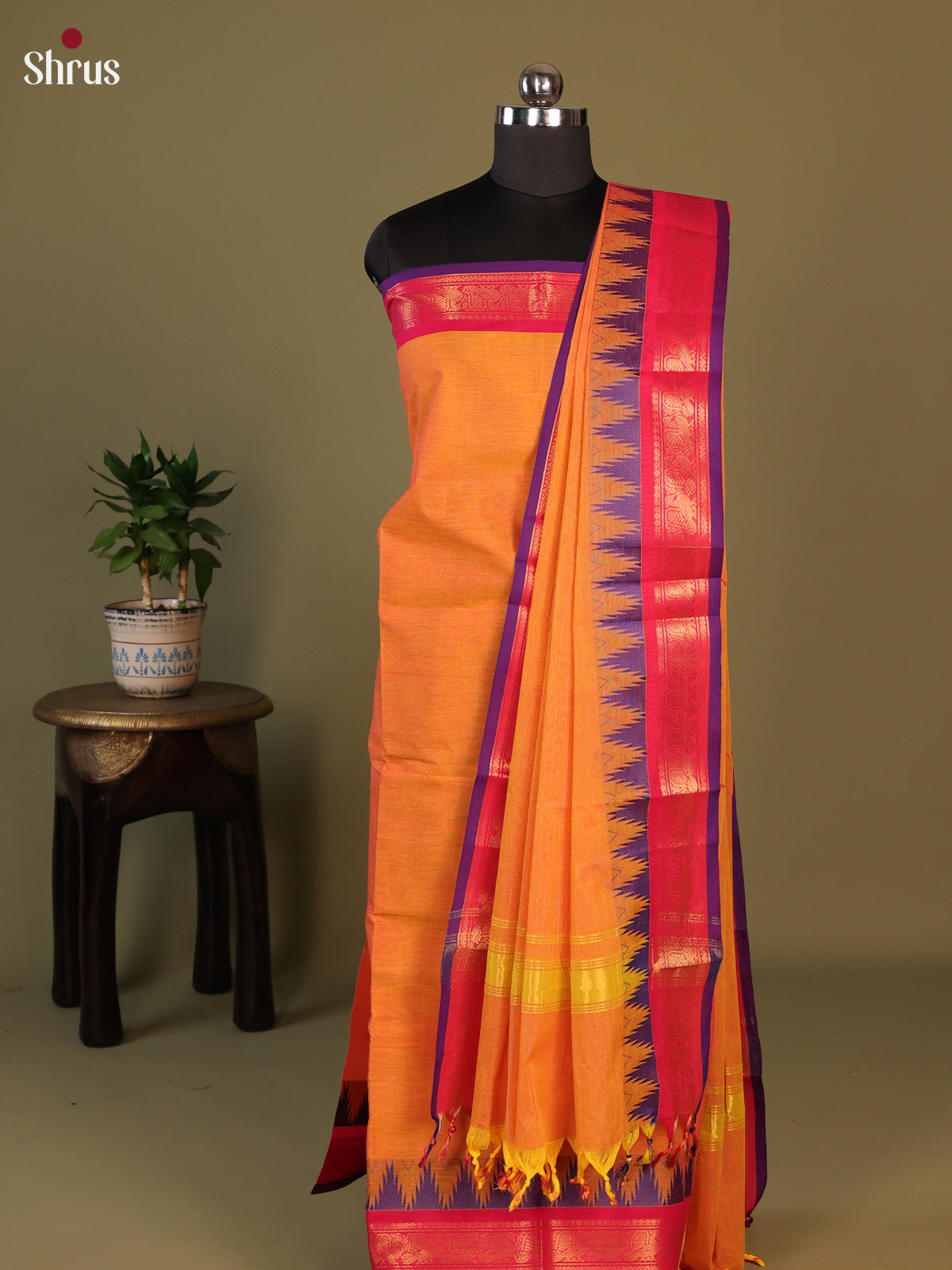 Orange & Pink Chettinad Cotton Unstitched Top & Dupatta- MCL25004