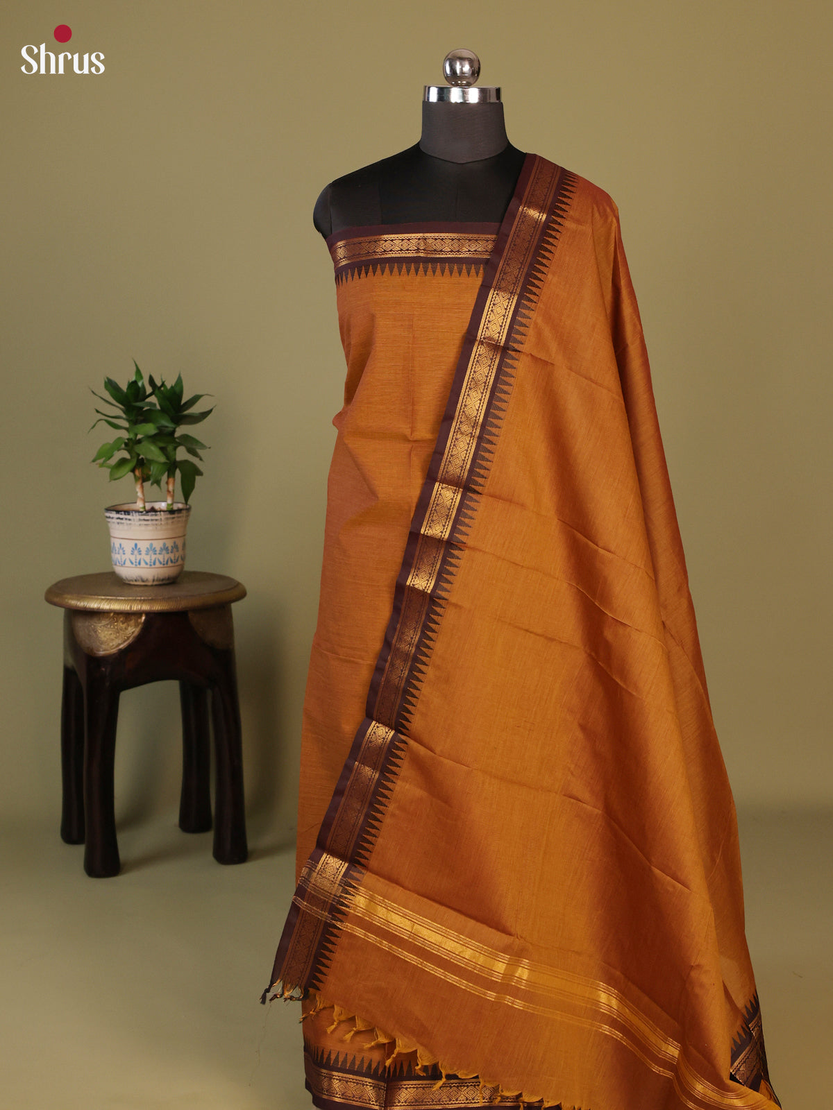 Mustard with Brown Chettinad Cotton Unstitched Suit Set