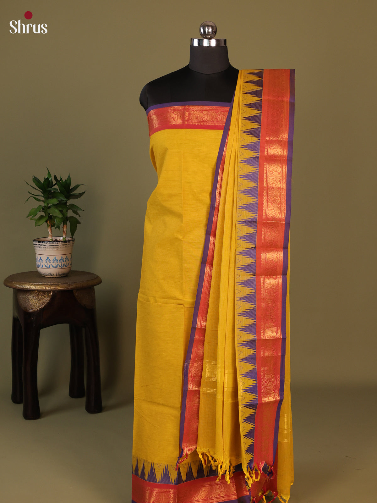 Mustard with Brown Chettinad Cotton Unstitched Top & Dupatta - MCL25006